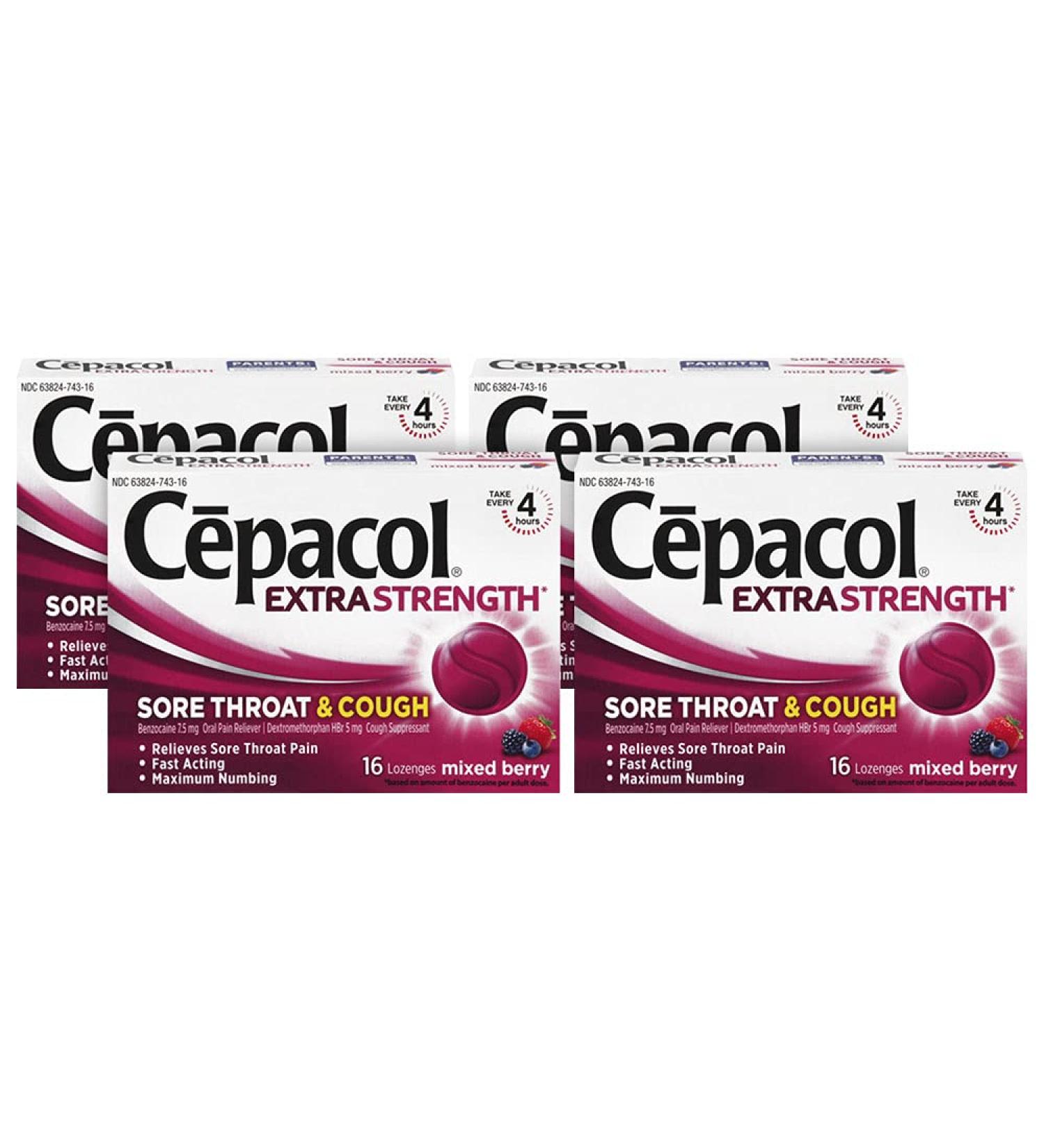 Cepacol Extra Strength Sore Throat & Cough Relief Lozenges - 16 Count Mixed Berry Flavor, Pack of 4 - Buy Online on GoSupps.com