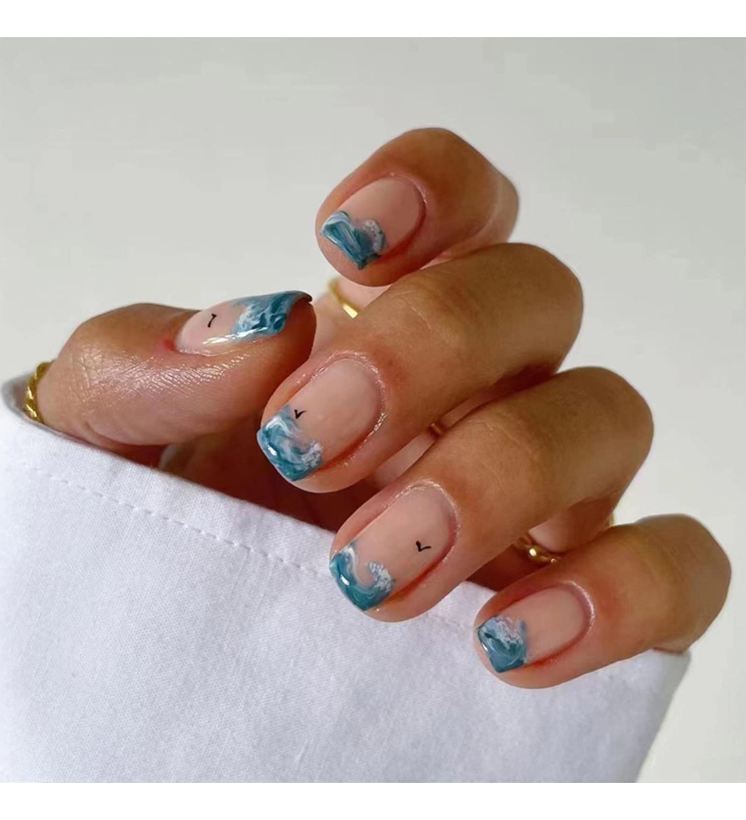 24pcs Short French Almond Square False Nails - Sea Wave Design | Full Cover Acrylic Nails with Glue - Stylish Press on Nails for Women and Girls Nail Art - Buy Online on GoSupps.com