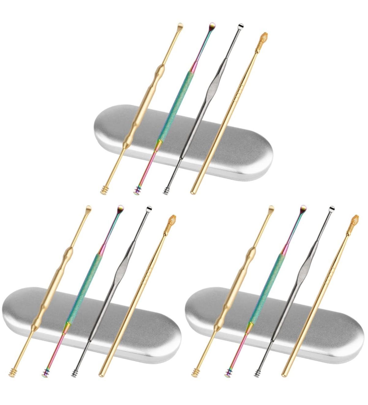 Stainless Steel Ear Cleaner Set - 4 Pcs Spiral Ear Picks for Earwax Removal - Assorted Colors - 12x0.5cm - 3 Sets - Buy Online on GoSupps.com
