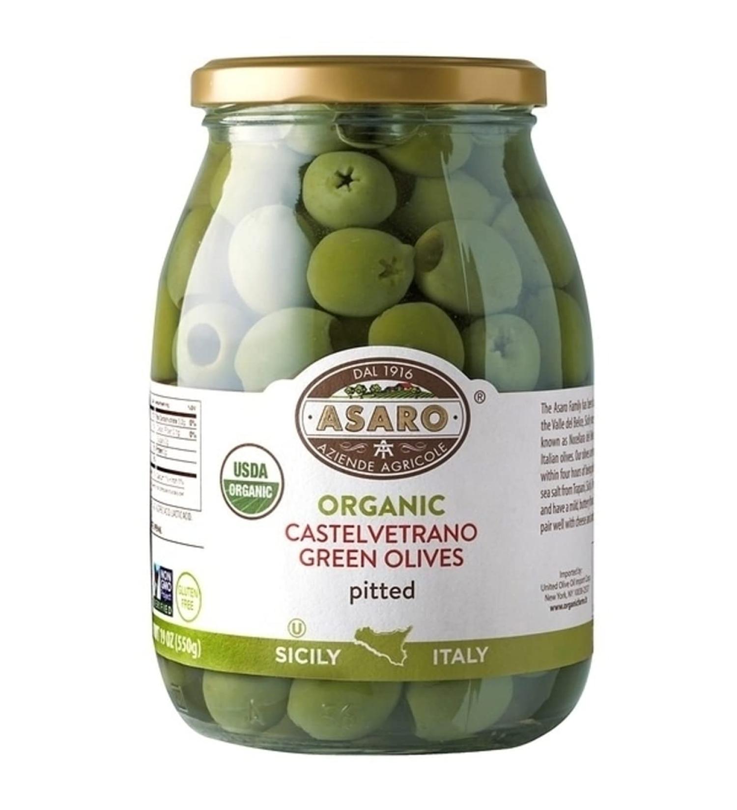 ASARO Organic Castelvetrano Green Pitted Olive Pack of 1 Jar - 36 Fl.Oz. DR WT 16 Oz.z/550 gm.