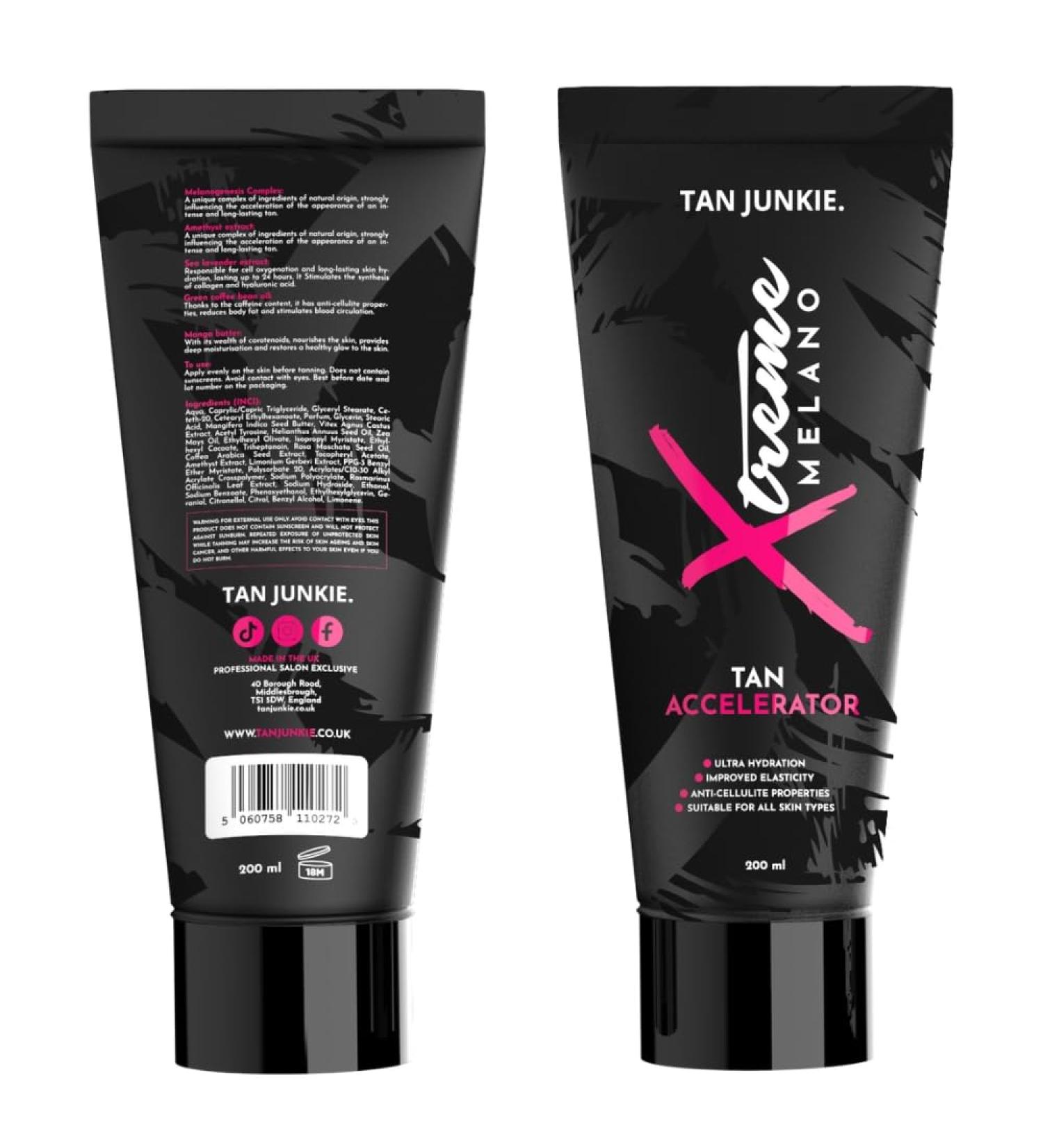 Tan Junkie | Xtreme Melano Sunbed Tanning Accelerator Cream with Green Coffee Bean & Sea Lavender Vitamin Enriched for Ultimate Glow Hibiscus & Mango Scent | 200ml - Buy Online on GoSupps.com