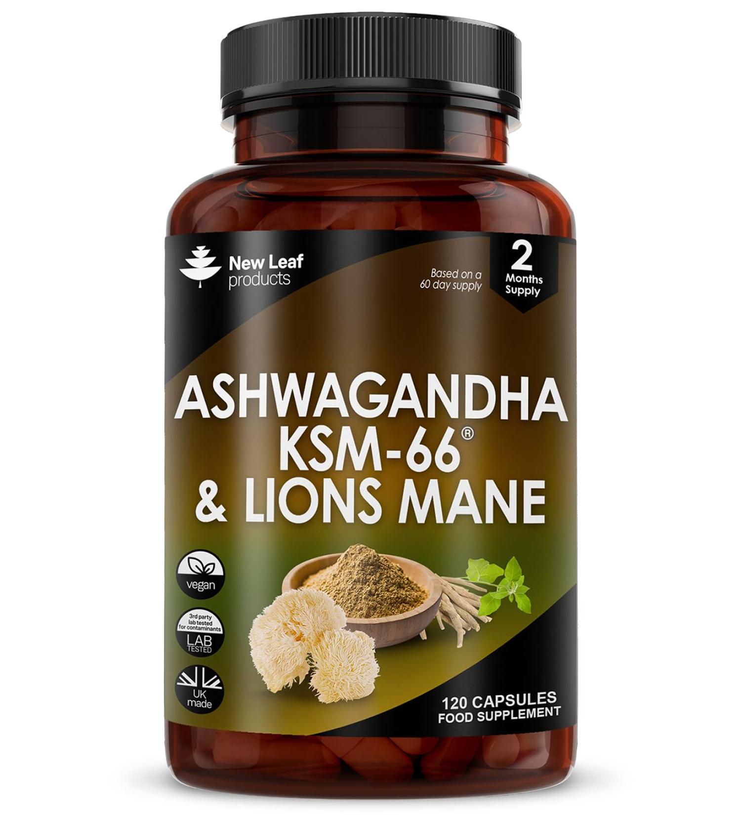 Ashwagandha KSM-66 and Lions Mane Capsules - High Strength 2000mg KSM-66 Ashwaghandha Root Extract and Lions Mane Mushroom Extract - 120 Vegan Capsules with Black Pepper - UK Made by New Leaf Ashwagandha KSM & Lions Mane - Buy Online on GoSupps.com