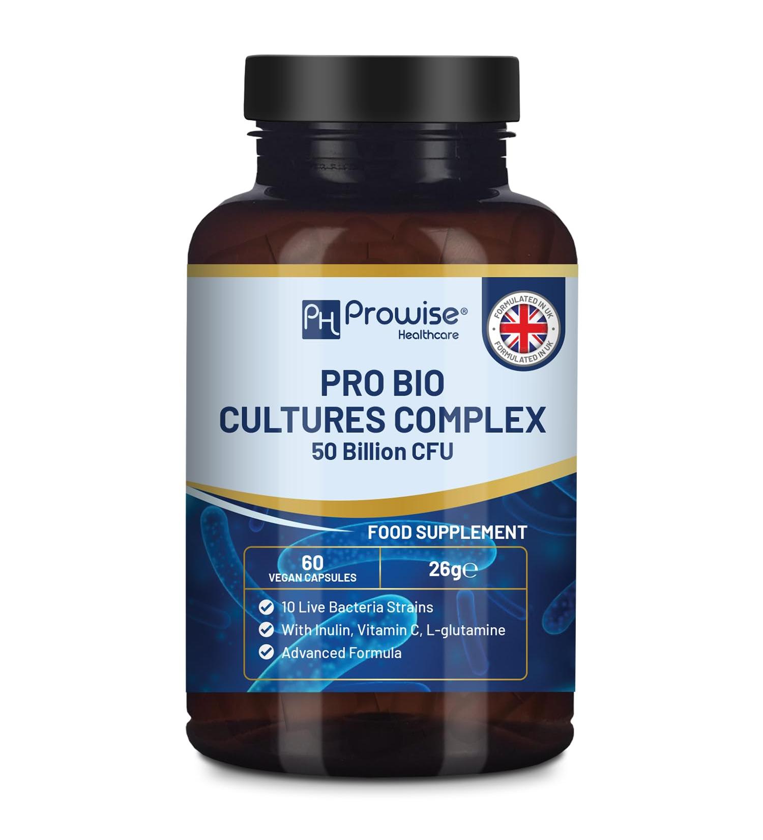 Bio Cultures Complex Probiotics & Prebiotics - 50 Billion KBE 10 Strains Inulin L-Glutamine & Vitamin C - 60 Capsules - International Shipping - Buy Online on GoSupps.com