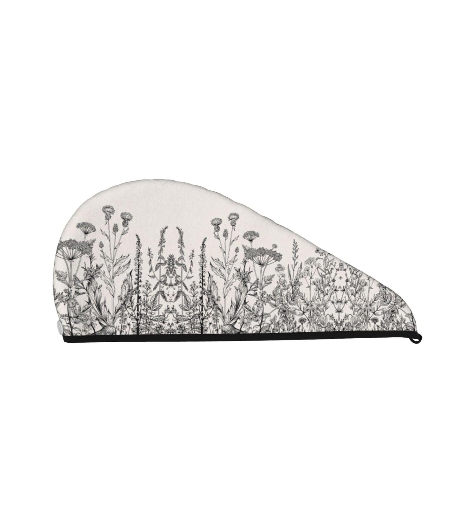 Floral Herbs Botanical Engraving Coral Velvet Dry Hair Cap - Unisex Wet Towel Wrap for Bathroom Pool Party & Beach Accessory - Buy Online on GoSupps.com