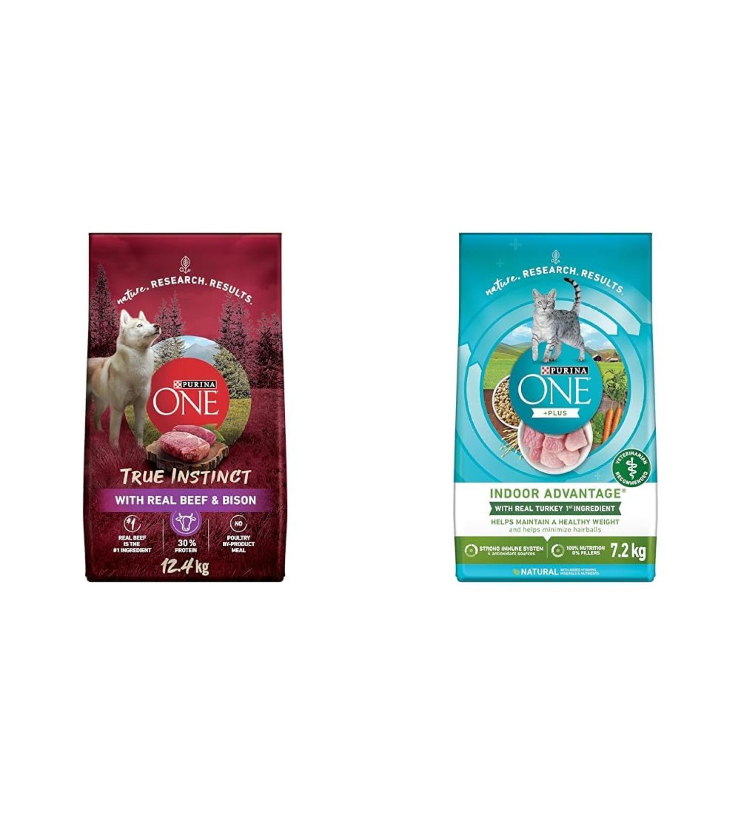 Purina ONE True Instinct High Protein Dry Dog Food Beef & Bison - 12.4 kg Bag & +Plus Dry Cat Food Indoor Advantage Turkey - 7.2 kg Bag - Buy Online on GoSupps.com