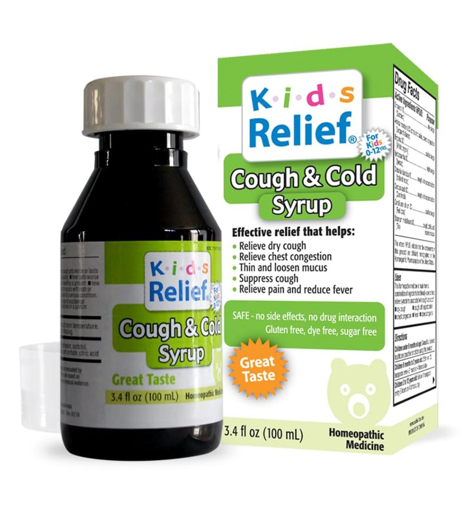 Kids Relief Cough & Cold Syrup for Kids 0-12 Yrs, for Dry and Productive Cough, Caramel Flavor, Gluten and Dye Free, No Added Sugar, 3.4 Fl Oz (Pack of 1) - Buy Online on GoSupps.com