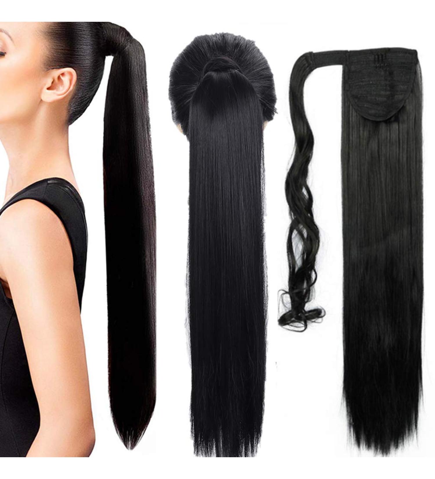 26" Long Straight Wrap around Ponytail Extensions Synthetic Clip in Ponytail Hair Extensions Hairpiece - Natural Black - Buy Online on GoSupps.com
