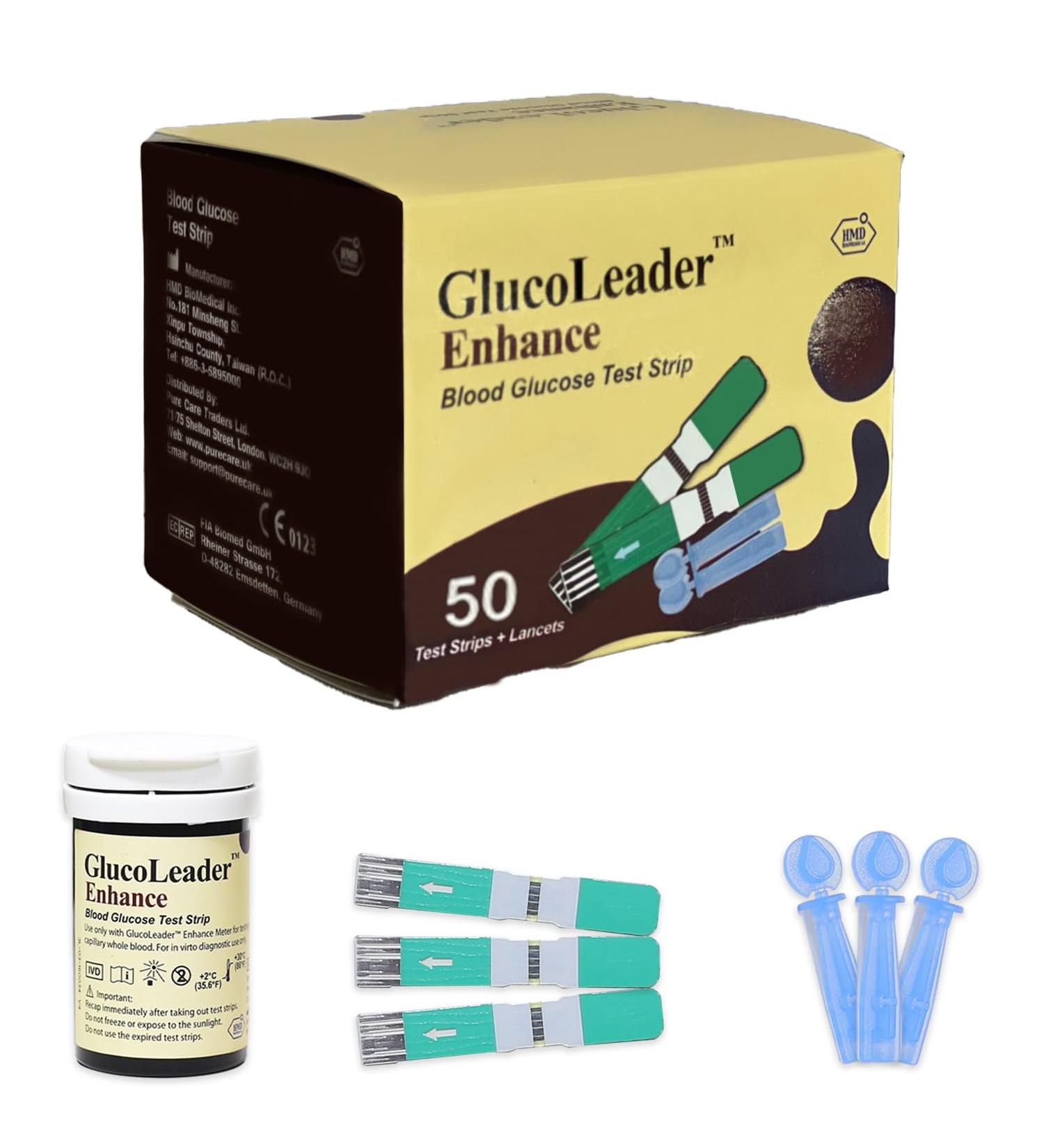 GlucoLeader Enhance Pack of 50 Diabetic Test Strips and Lancets - Blood Glucose Test Strips - Made in Taiwan 50 Strips & 50 Lancets - Blue 1 count (Pack of 50) - Buy Online on GoSupps.com