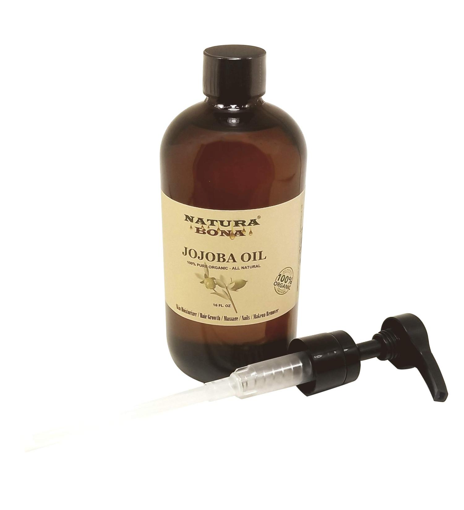 Narura Bona's Pure Moisturizing Jojoba Oil for Skin Hair Massage and Nails (Big 16 Oz Amber Glass Pump Bottle) - Rejuvenating Anti-Aging Organic Oil JOJOBA OIL 16 Fl Oz (Pack of 1)