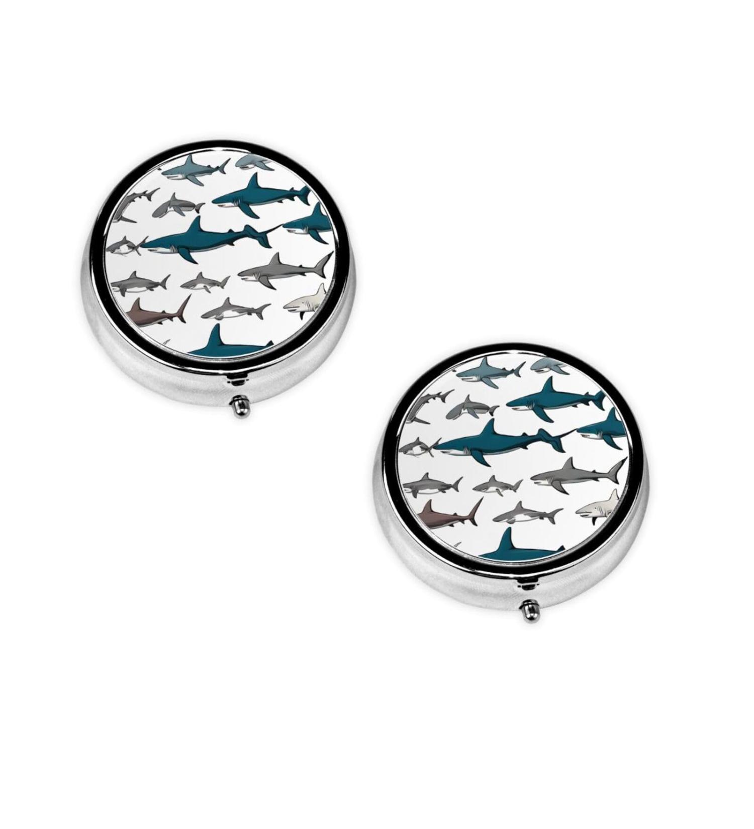 Buy Sharks Nautical Round Pill Box - 3 Compartment Mini Decorative Travel Organizer for Vitamins & Medicine - Buy Online on GoSupps.com