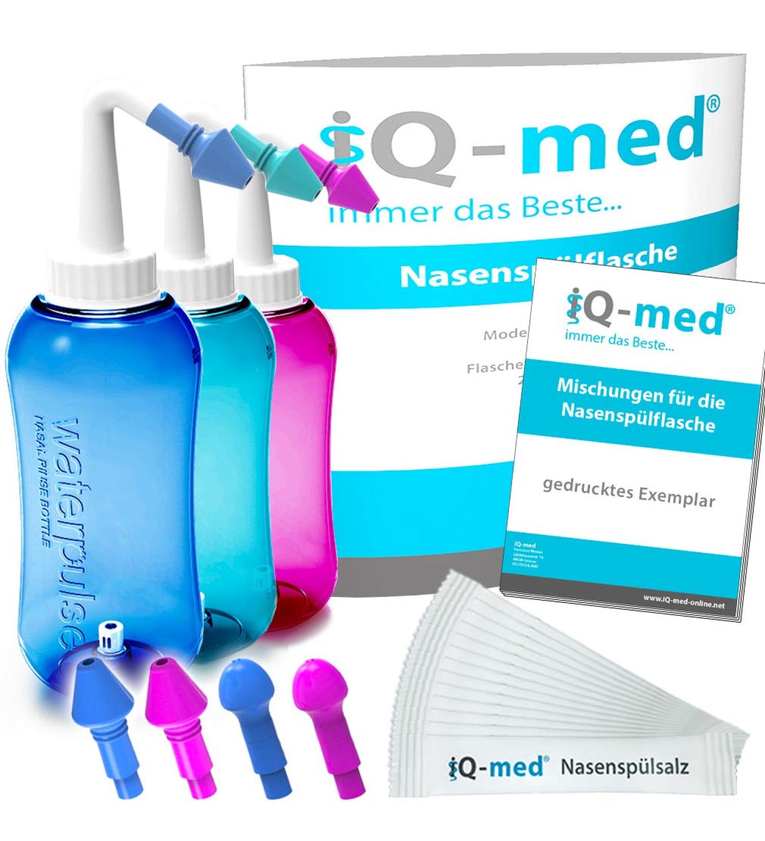 iQ-med Nasal Douche 500ml: Complete Nasal Cleaning Kit with 44 Salt Packets & 4 Attachments - Turquoise - Buy Online on GoSupps.com