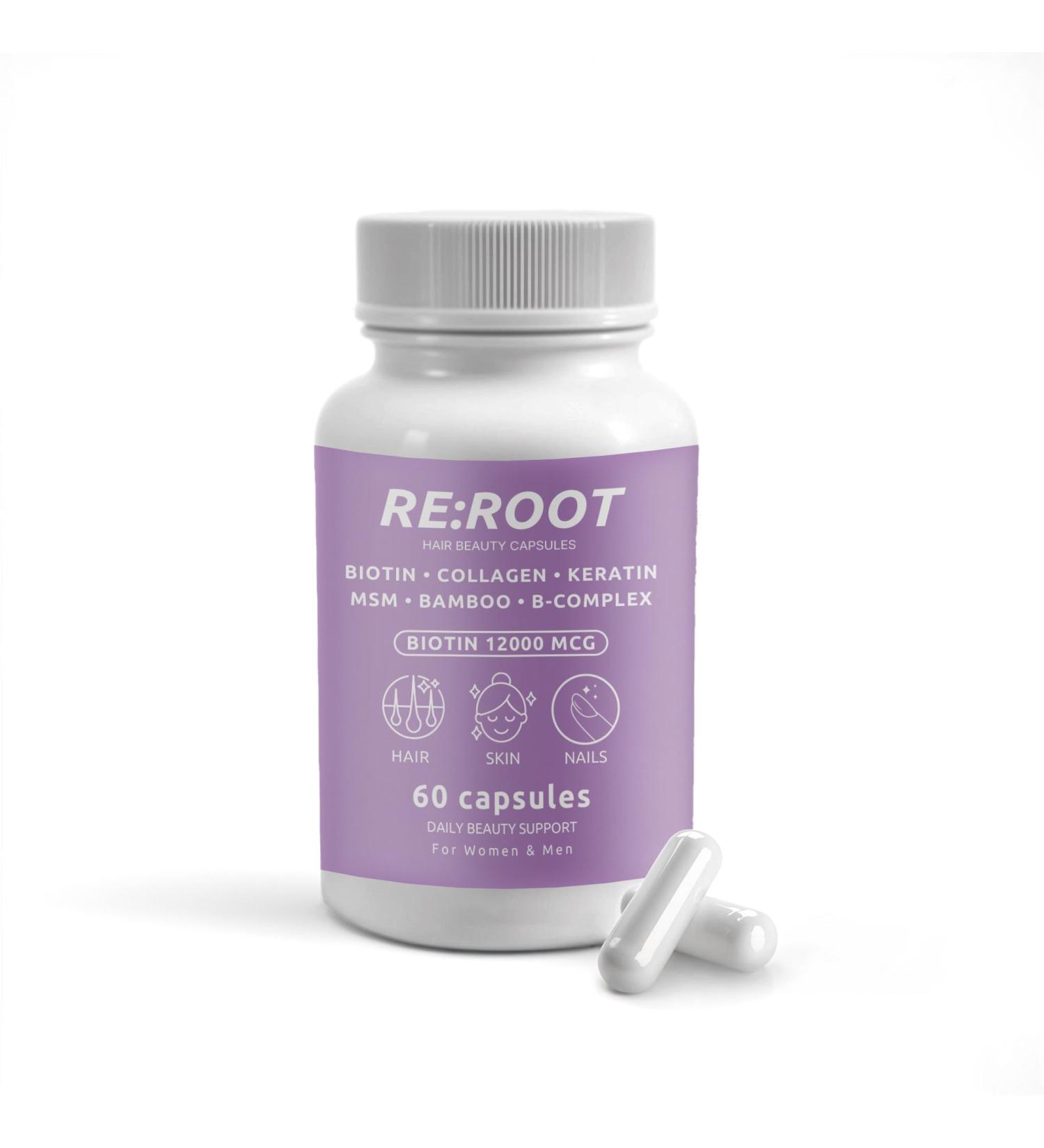 RE:ROOT Hair Beauty Capsules Biotin 12 000 mcg Collagen Keratin MSM Bamboo for Hair Skin & Nails 60 Vegan Capsules - Buy Online on GoSupps.com