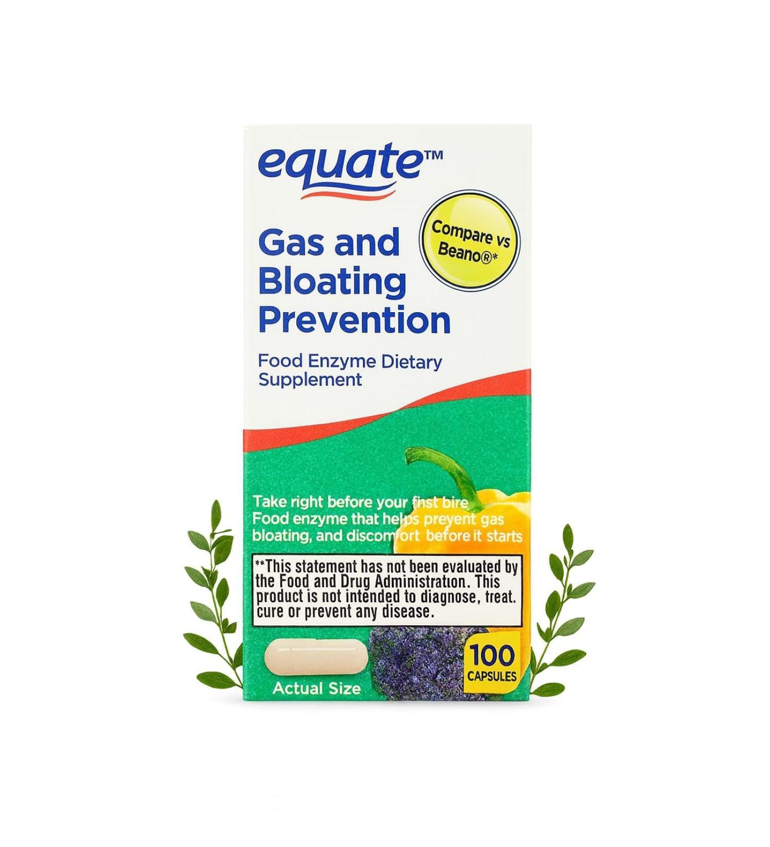 Equate Gas and Bloating Relief & Prevention Capsules Alpha-Galactosidase Food Enzyme Supplement Helps Prevent Gas Before It Starts 100 Count