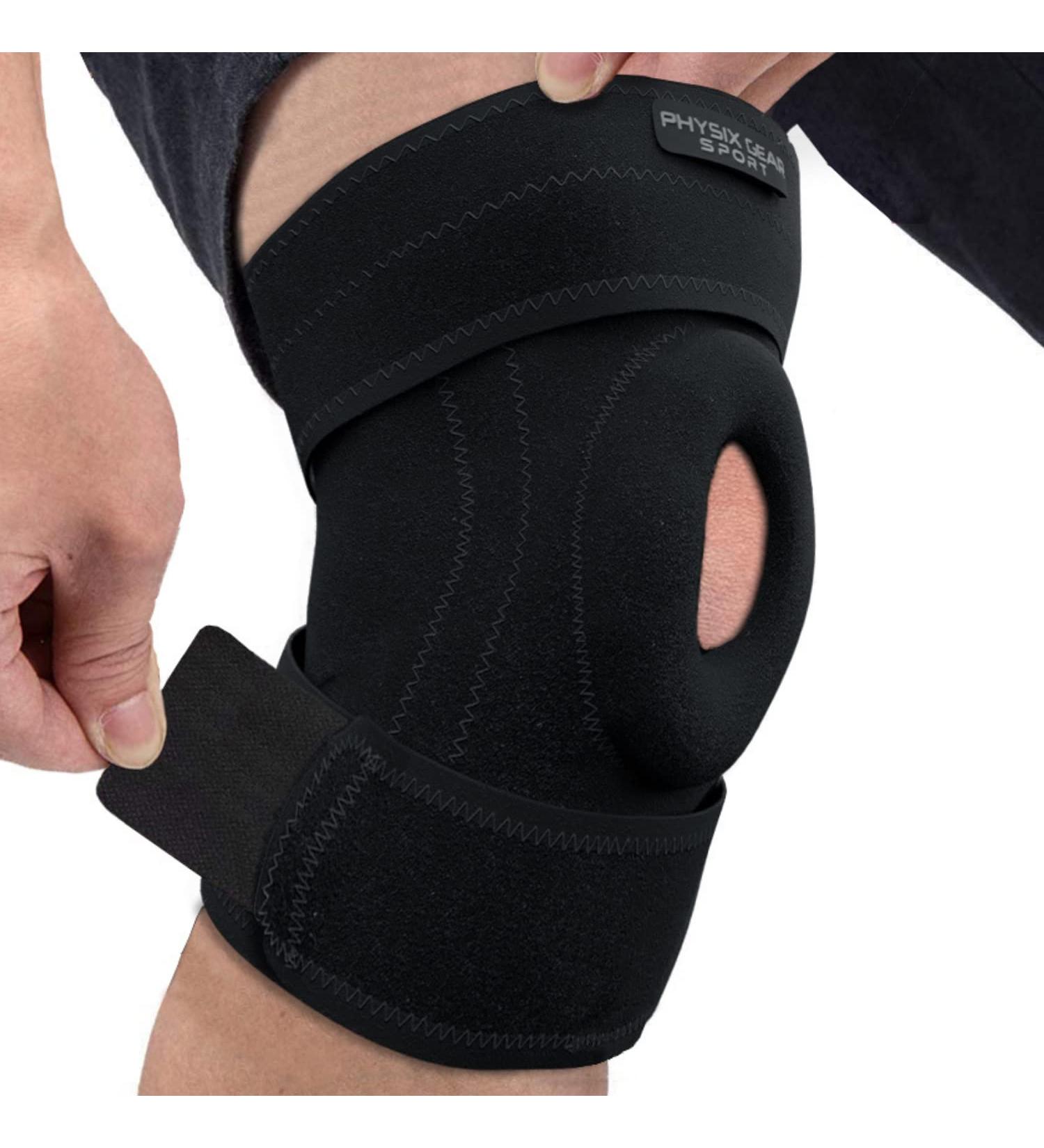 Physix Gear Knee Brace for Men & Women - Adjustable Patella Compression Support for Arthritis ACL MCL & Meniscus Tear - Plus Size with Side Stabilizers - Black/Grey - Buy Online on GoSupps.com