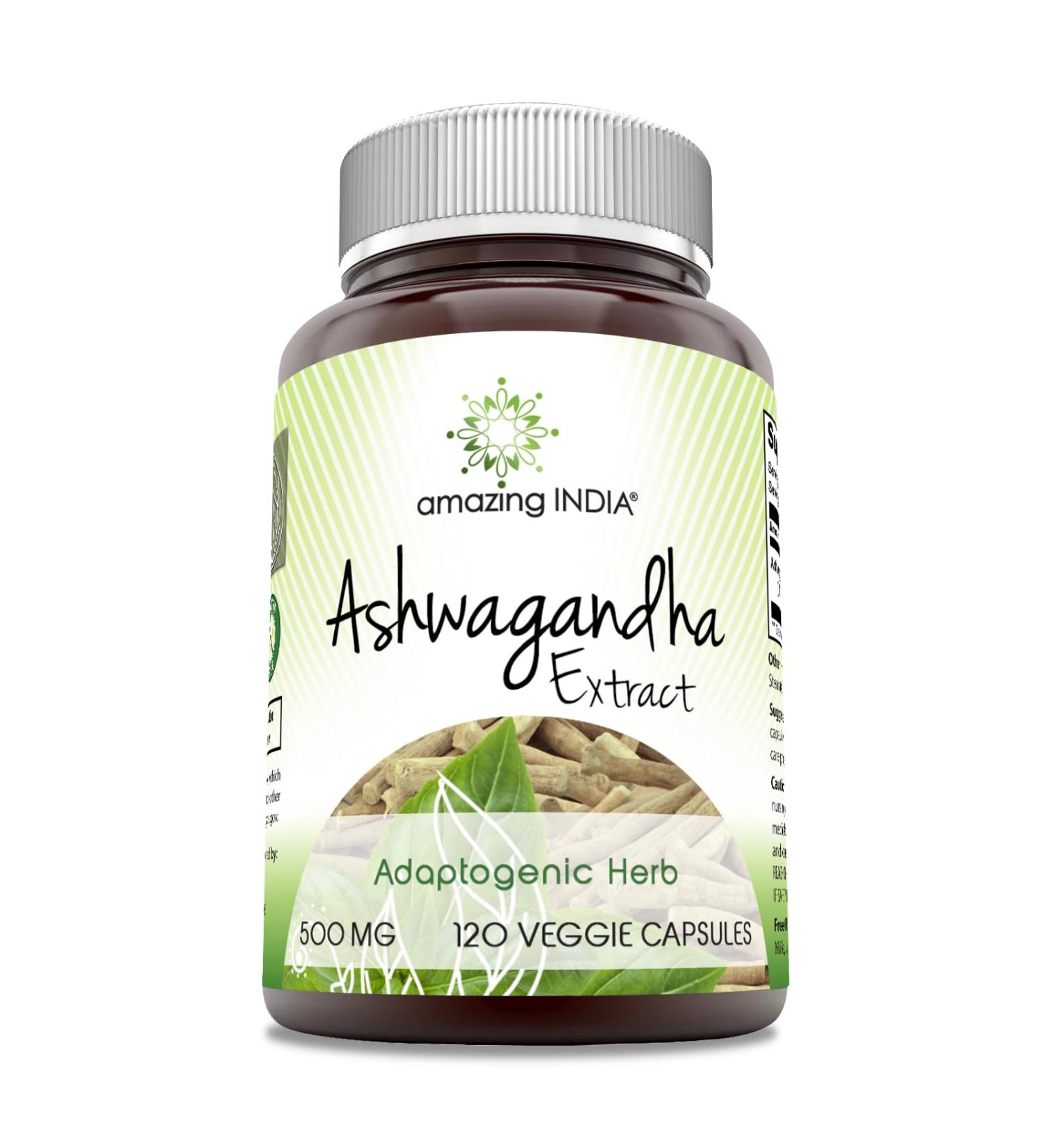 Amazing India Ashwagandha 500 mg Veggie Capsules Supplement | Made with Natural Ashwagandha | Non-GMO | Gluten Free (120 Count)