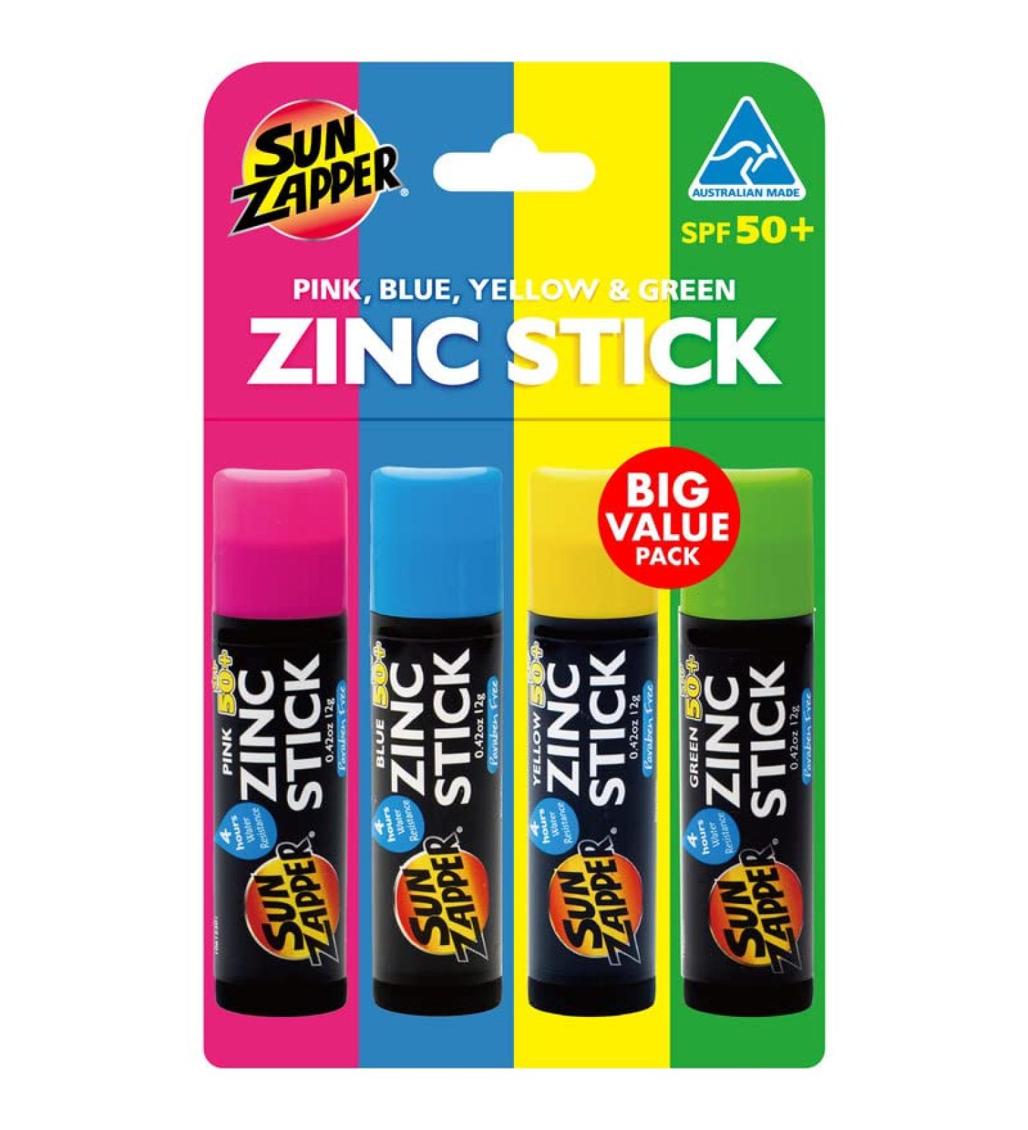 Sun Zapper Zinc Stick Mineral Sunscreen SPF 50+ 4-Pack - Water Resistant, Broad Spectrum Sun Block for Adults & Kids - Made in Australia - Buy Online on GoSupps.com
