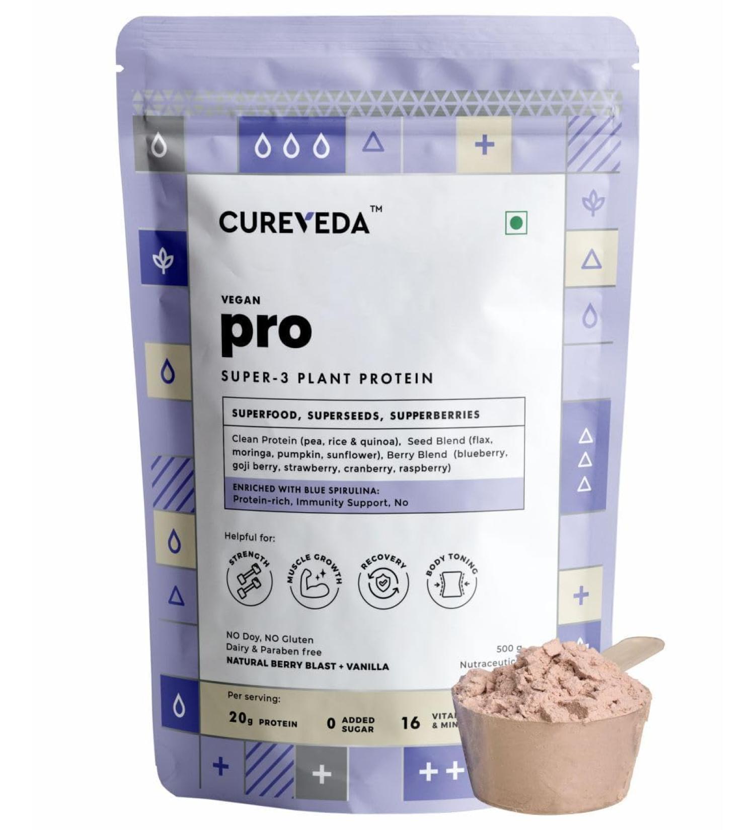 Cure veda PRO Organic Plant Protein Powder - Vegan Pea Rice & Quinoa Isolate 20g Protein Easy to Digest Vanilla Flavour (500g) - Superfood & Superseeds - Buy Online on GoSupps.com