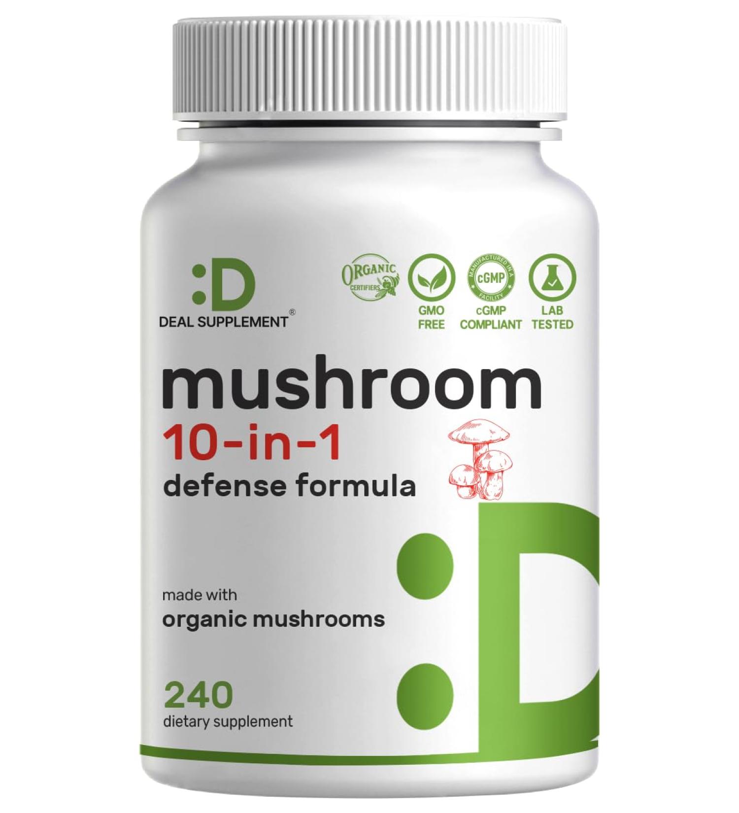Organic 10-in-1 Mushroom Supplement 240 Capsules Lions Mane Turkey Tail Reishi Cordyceps & More Mushroom Complex Immune Energy & Nootropic Brain Support Non-GMO - Buy Online on GoSupps.com
