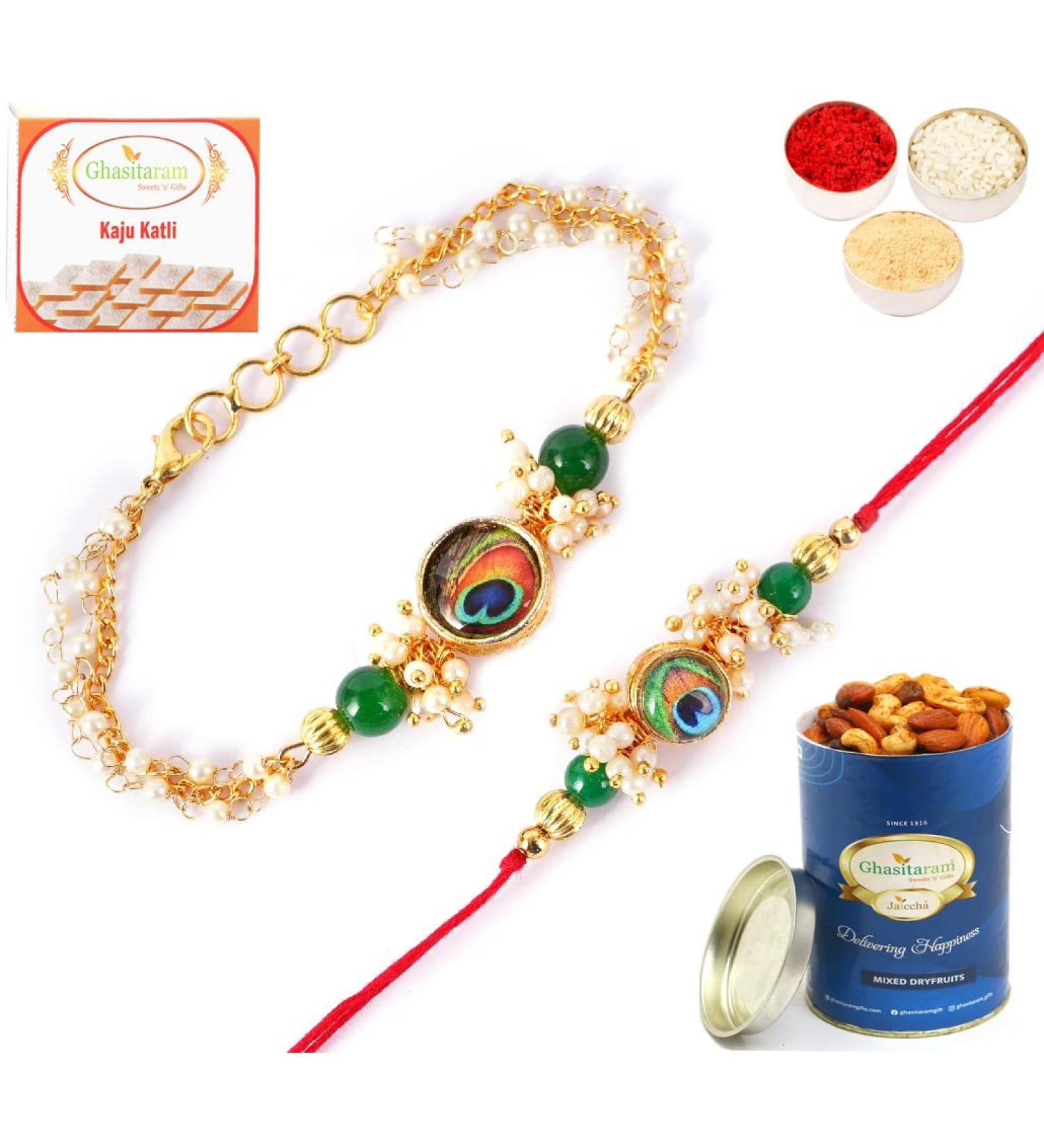 Ghasitaram Gifts Rakhis Online - Rakhi for Brother-RT-M-Pankh Bhaiya Bhabhi Rakhi with 100 GMS of Dryfruits Mix Can 200 GMS of Kaju katli Rakhi Set & 100g Dryfruits Mix Can 200g Kaju katli - Buy Online on GoSupps.com
