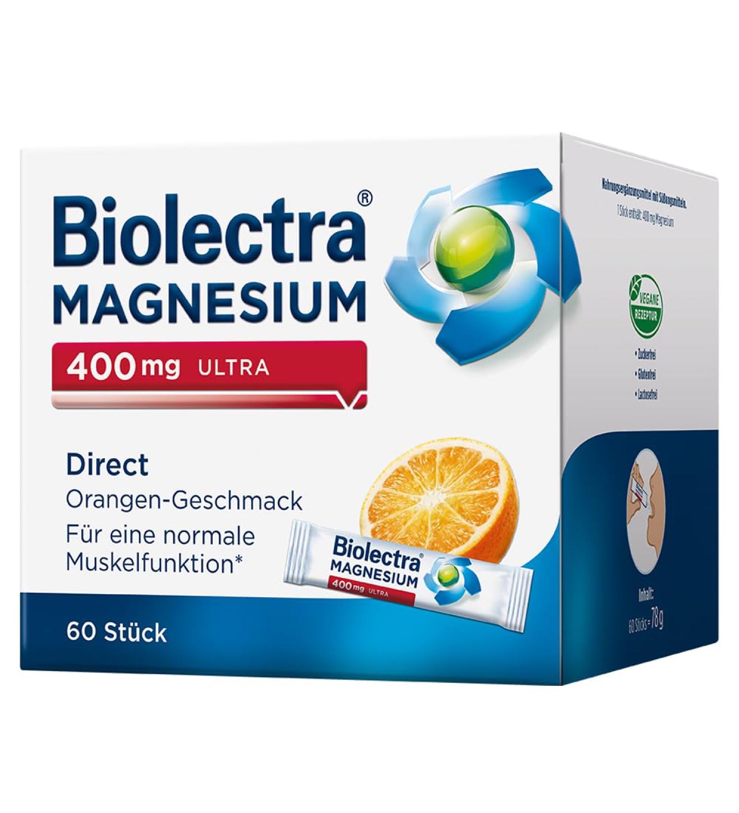 Biolectra Magnesium 400 mg Direct Sticks Orange - 60 Pack for Normal Muscle Function | High Dose Magnesium Supplement - Buy Online on GoSupps.com