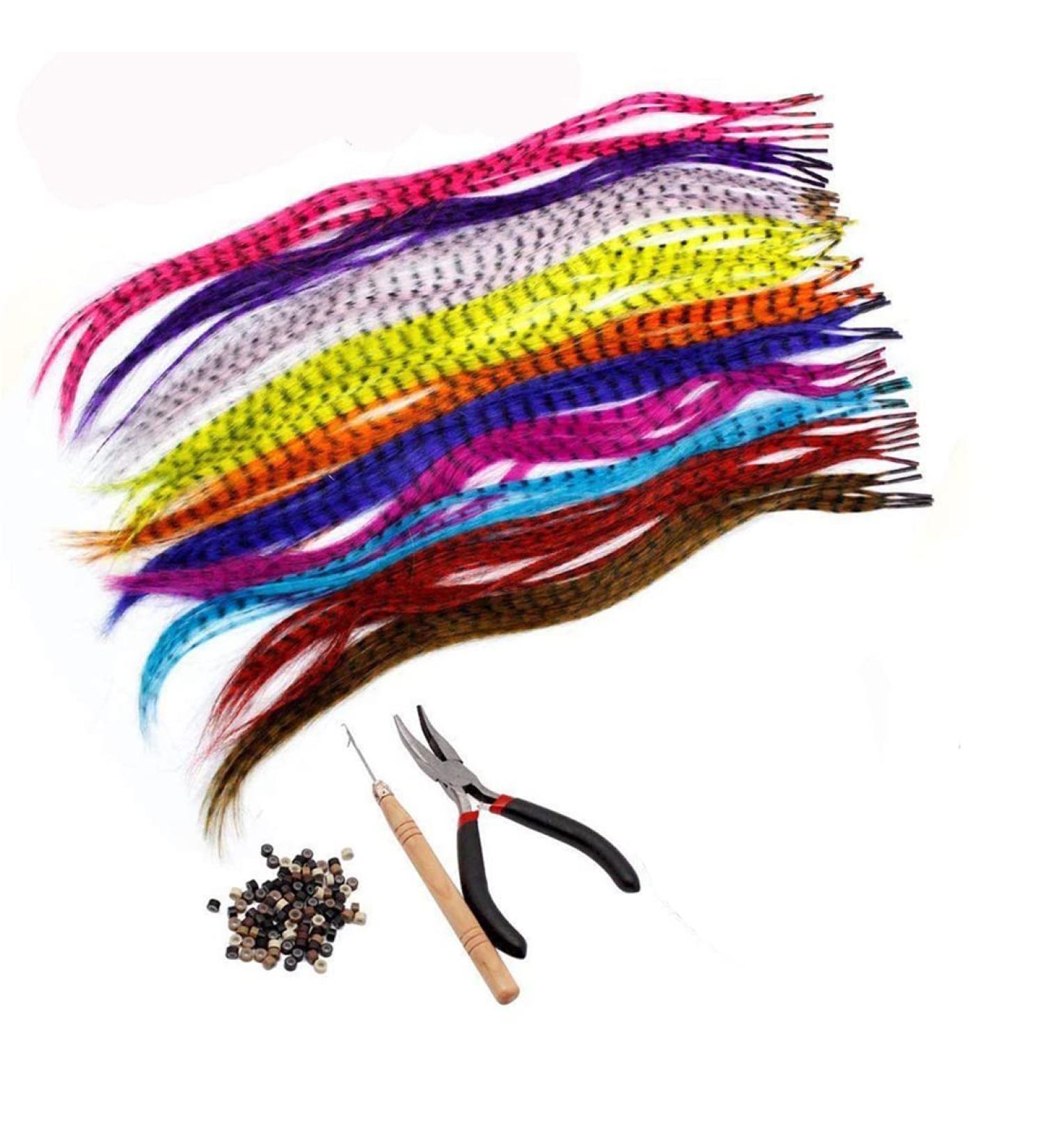 Feather Hair Extension Kit: 50 Synthetic Feathers with 100 Beads, Plier, and Hook - Buy Online on GoSupps.com