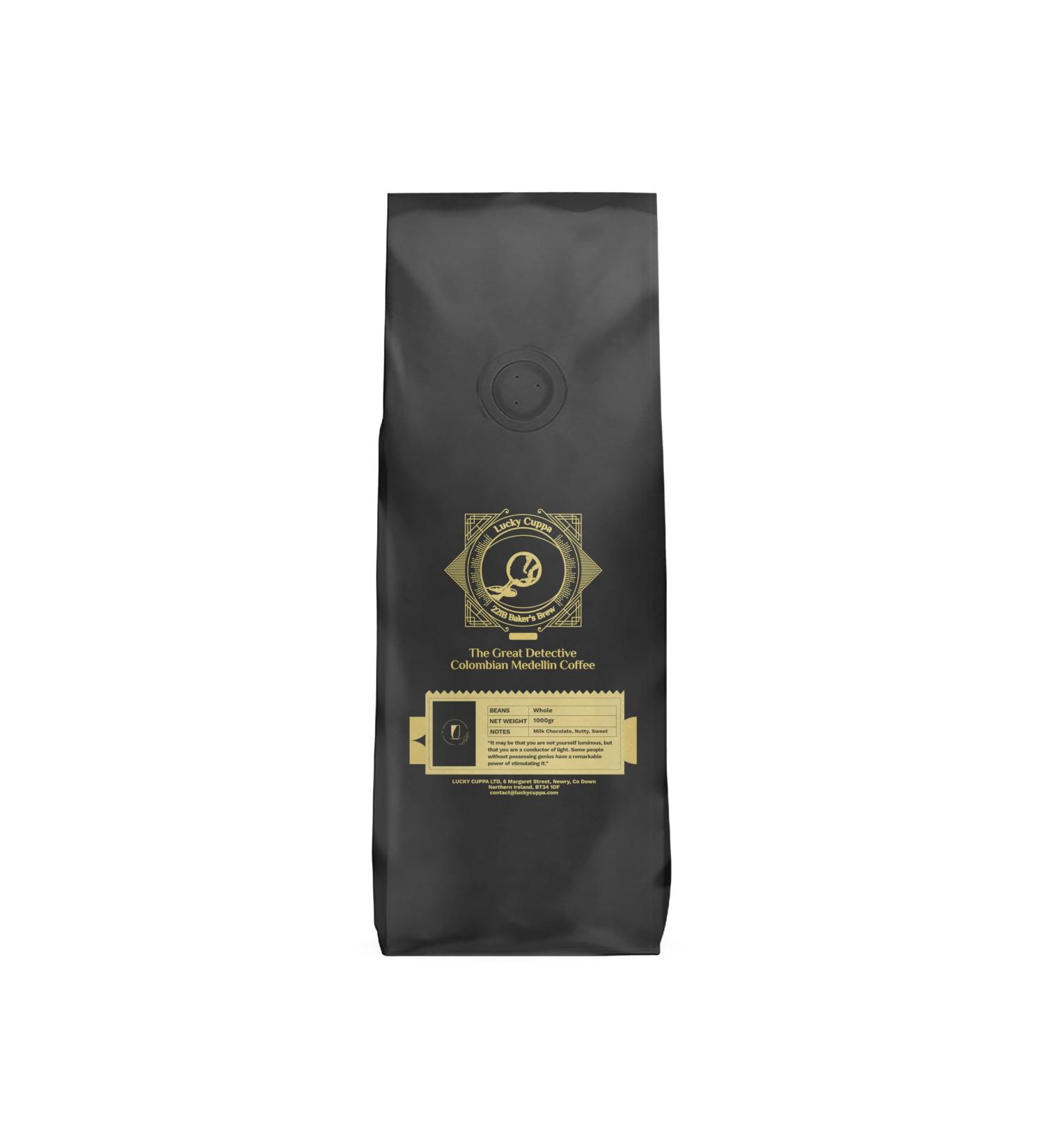 Lucky Cuppa's "221b Bakers Brew" Great Detective Colombian Medellin Light Roast Coffee - Colombian Coffee Beans - Quality Supremo Coffee - Sherlock Holmes Coffee Lover Gifts - 1kg - Buy Online on GoSupps.com