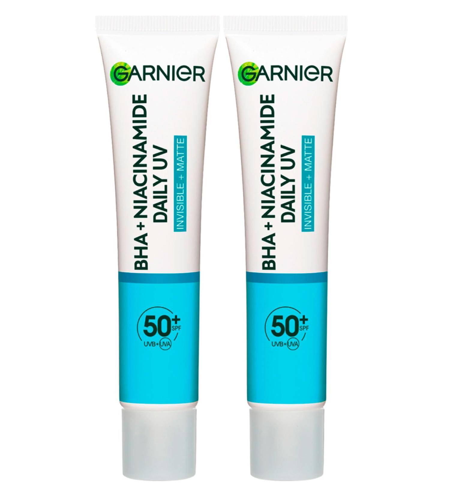 Garnier PureActive Anti-Imperfections Anti-UV Daily Mattifying Face Fluid with BHA and Niacinamide SPF 50+ Very High Protection - 2 Bottles of 40ml - Buy Online on GoSupps.com