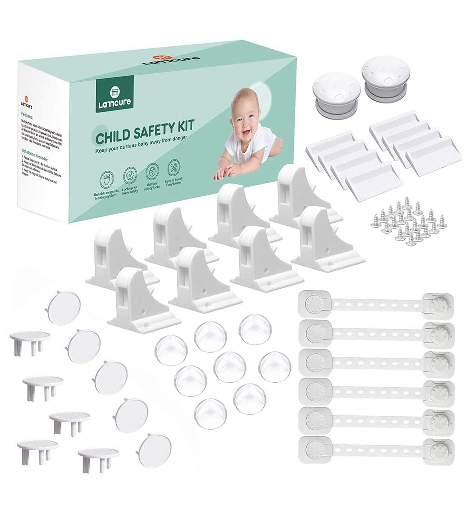 LATTCURE Baby Proofing Kit - 36 Pcs Safety Locks, Corner Protectors, Straps, Socket Covers - White - Buy Online on GoSupps.com
