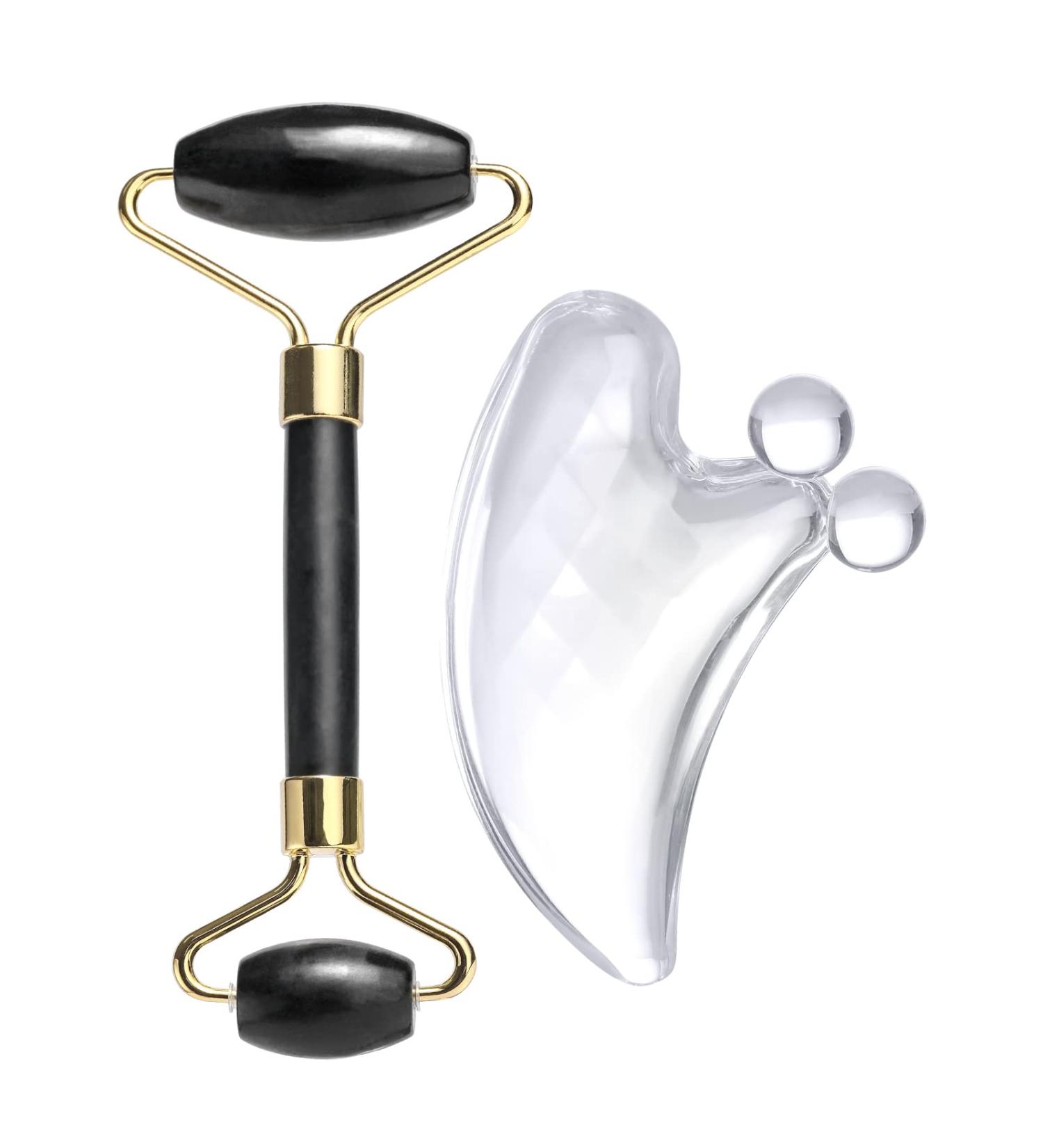 BS-MALL Jade Roller & Gua Sha Scraping Board Set - Anti Aging Black Obsidian Face Roller Massager for Face, Neck, and Body - Muscle Massage Tool - Buy Online on GoSupps.com
