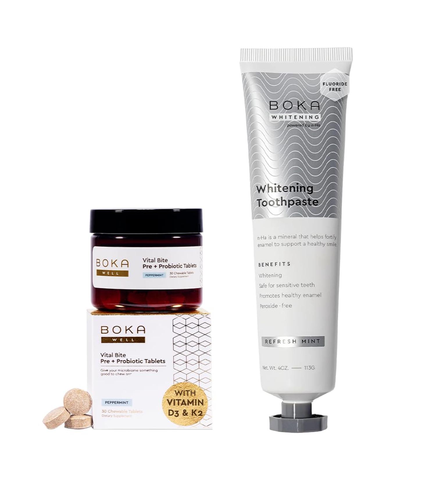 Boka Fluoride Free Toothpaste Nano Hydroxyapatite Whitening* - 4 Fl Oz 1Pk + Boka Vital Bite Oral Probiotics for Mouth Bad Breath - 30ct Dental Probiotics Tablets - Buy Online on GoSupps.com