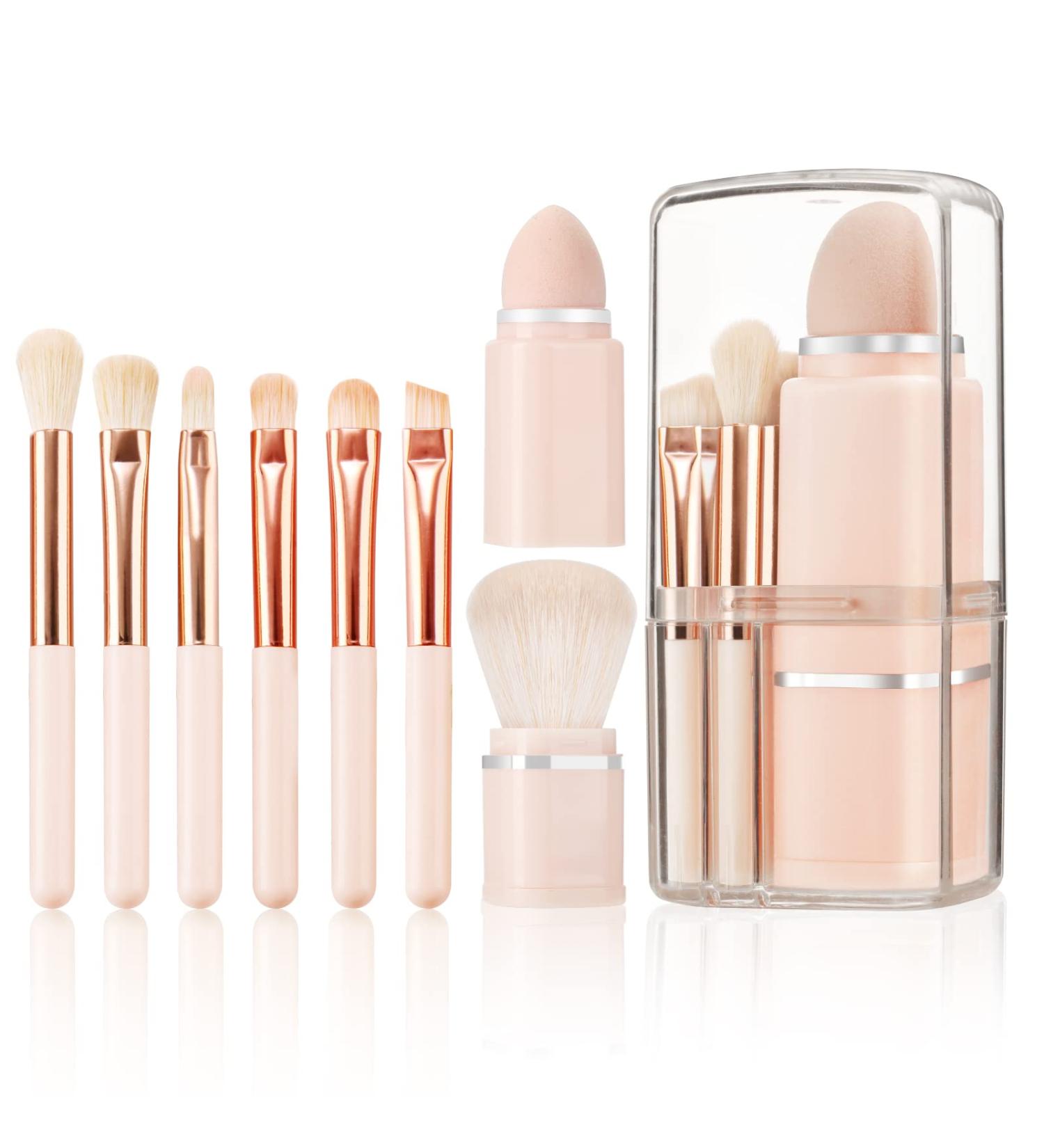 START MAKERS Retractable Travel Makeup Brushes Set - 8 in 1 Mini Powder Brush & Beauty Sponge Blender - Premium Portable Make up Brush Set in Pink - Buy Online on GoSupps.com
