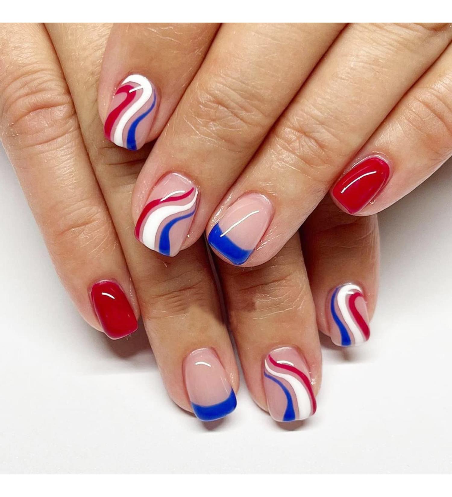 24Pcs Short Square Press on Nails with Red, Blue, White Stripes - Independence Day Designs - Buy Online on GoSupps.com
