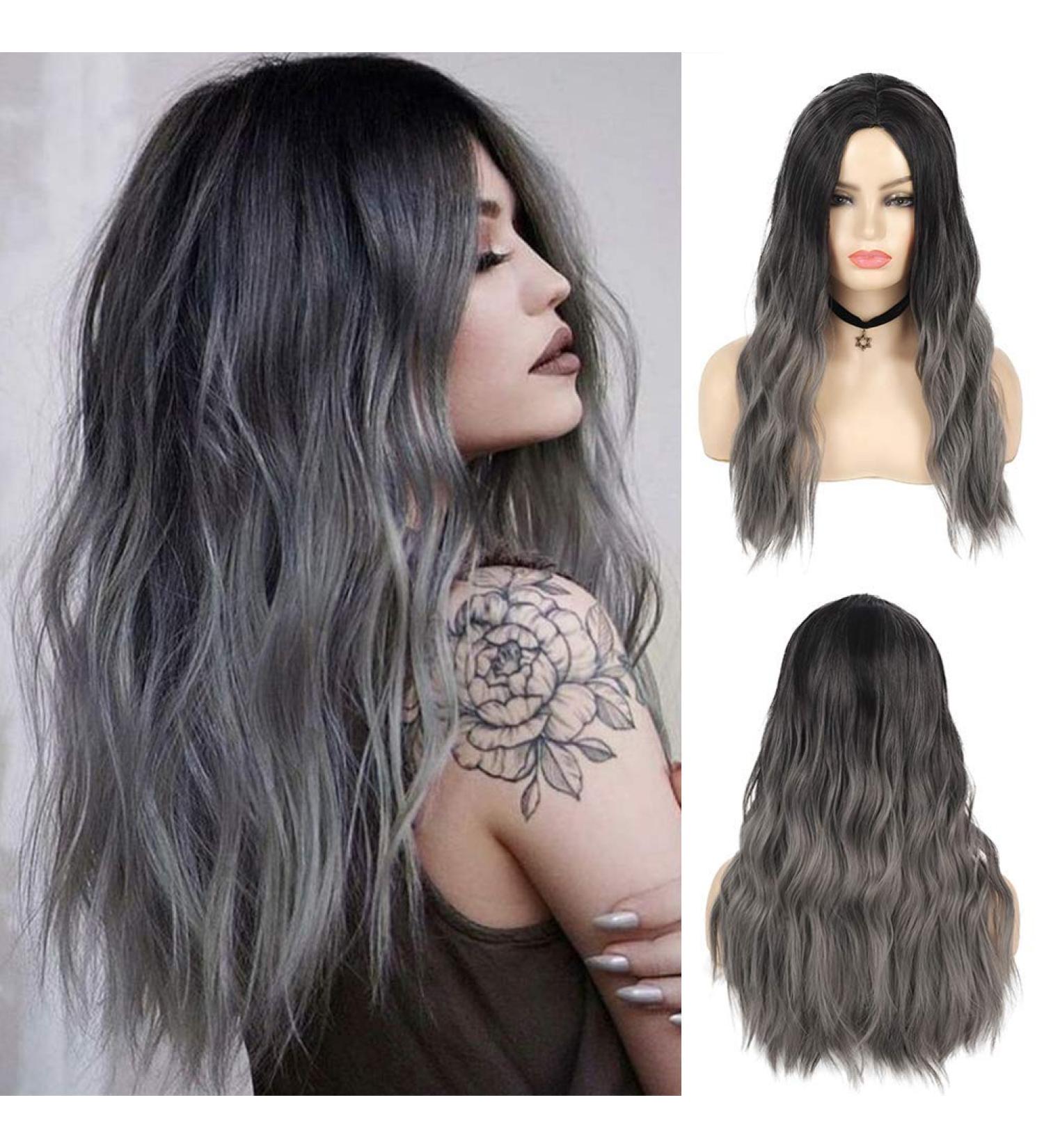 Sallcks Ombre Grey Long Curly Wavy Synthetic Wig for Women Halloween Cosplay Costume (Black Grey) - Buy Online on GoSupps.com