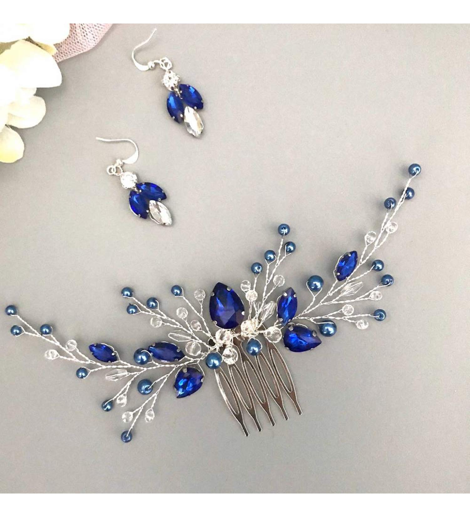BERYUAN Sapphire Crystal Blue Pearl Earring and Hair Vine Set - Wedding Accessory for Bride - Gift for Her - Party Headpiece in Royal Blue Color - Buy Online on GoSupps.com