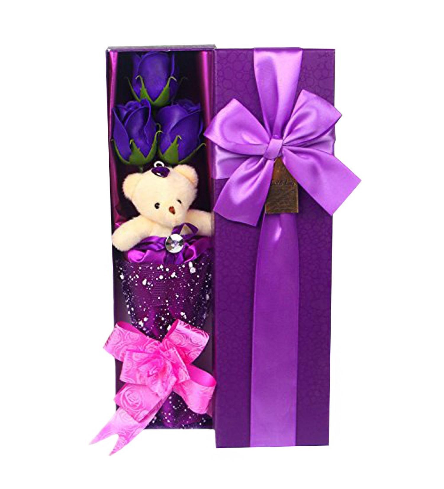 Abbie Home 3 Scented Soap Roses Bouquet with Teddy Bear Gift Box - Perfect for Valentine's, Anniversary, Wedding, Mothers Day - Purple - Buy Online on GoSupps.com