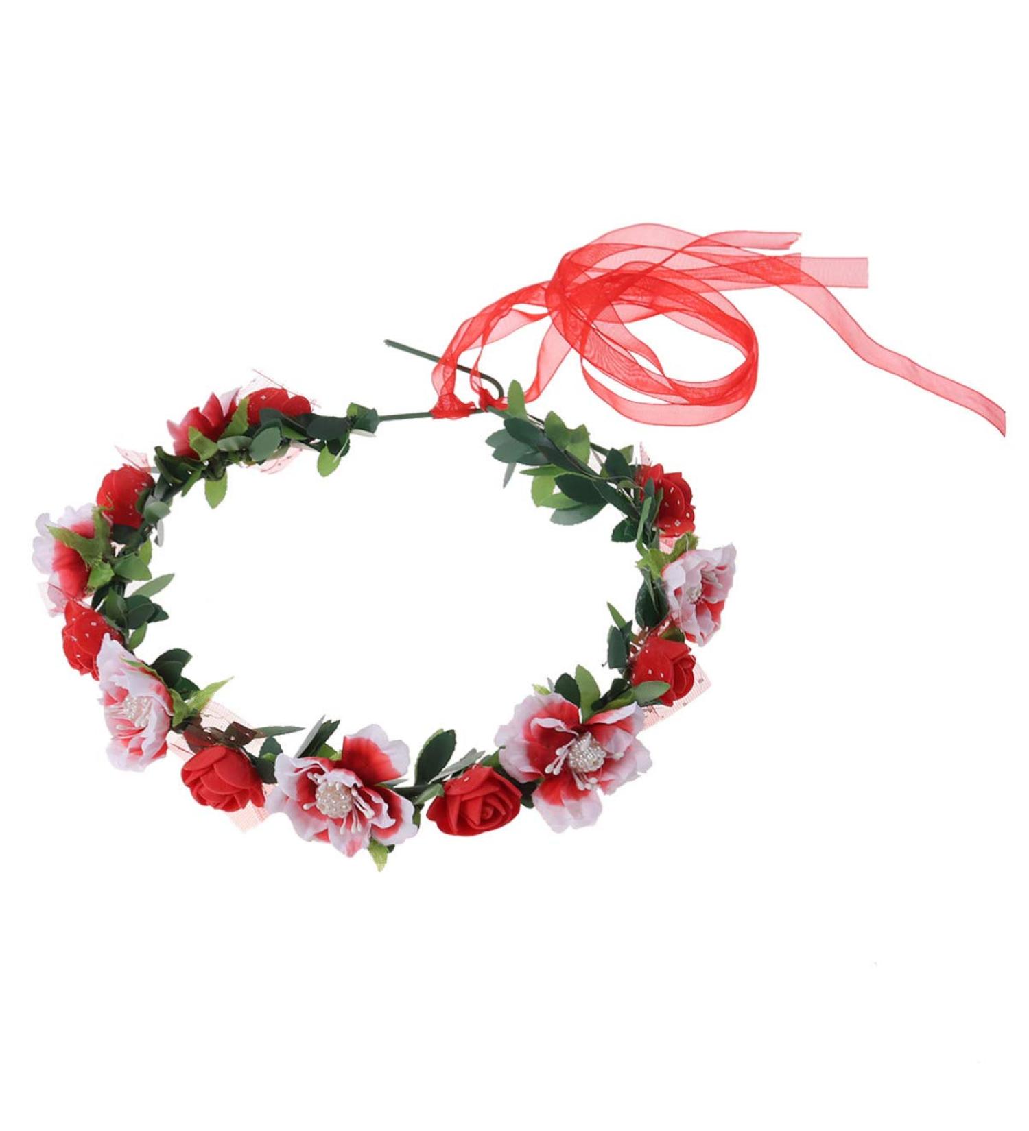 Minkissy Red Bridal Hair Wreath - Women & Girls Flower Headband with Green Leaves | Wedding Party Crown - Buy Online on GoSupps.com