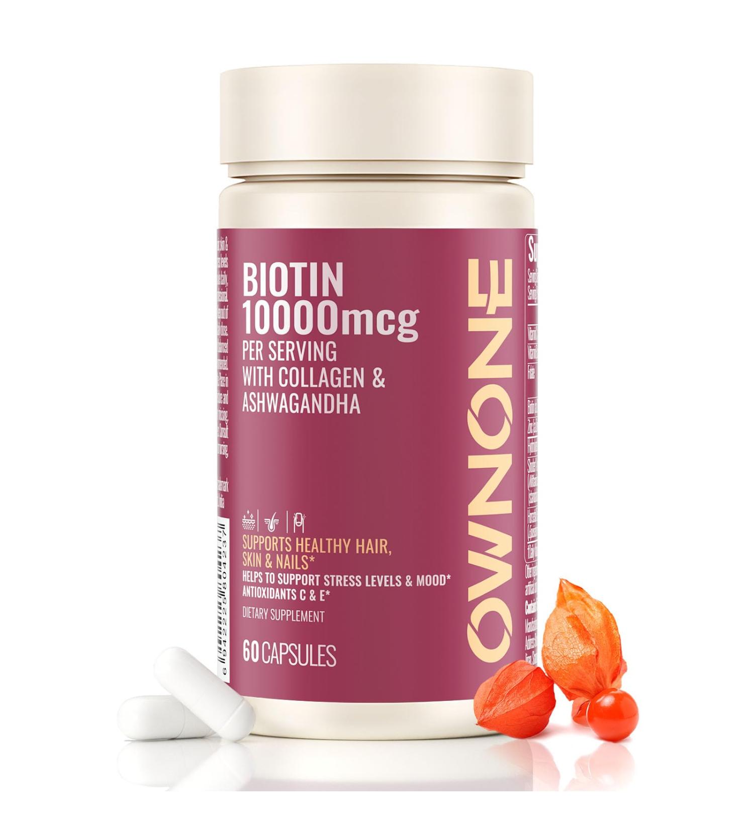 OWNONE Biotin 10000mcg Supports Healthy Hair Skin and Nails Vitamins Supplement Helps Balance Stress Levels and Mood 60 Capsules - Buy Online on GoSupps.com