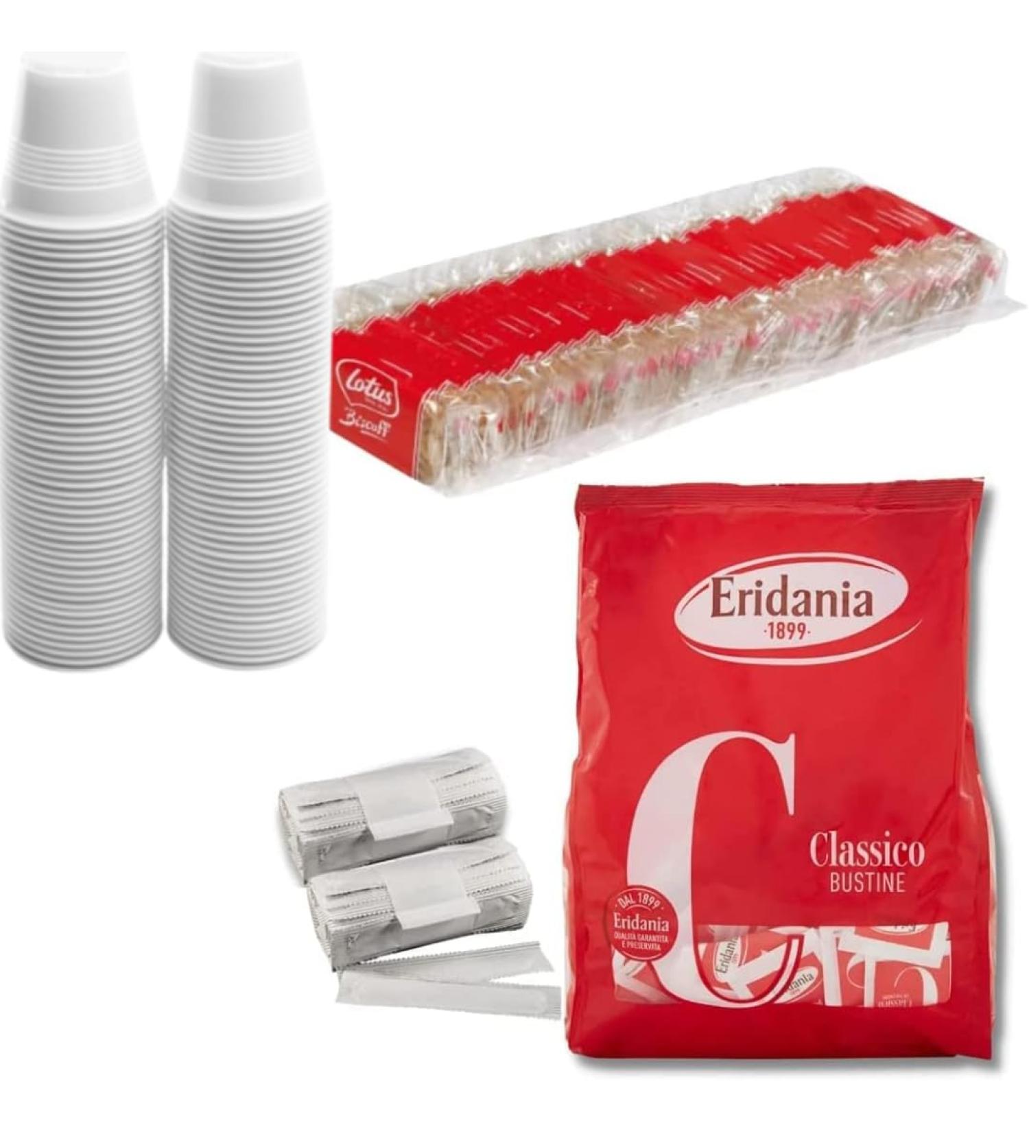 Sugar - 150 Eridania Classico 1000g Sachets + Lotus Caramel Biscuit 50 Single-serving Wrapped Biscuits + 100 Two-tone Coffee Cups + 100 Individually Wrapped Stirrers - Buy Online on GoSupps.com