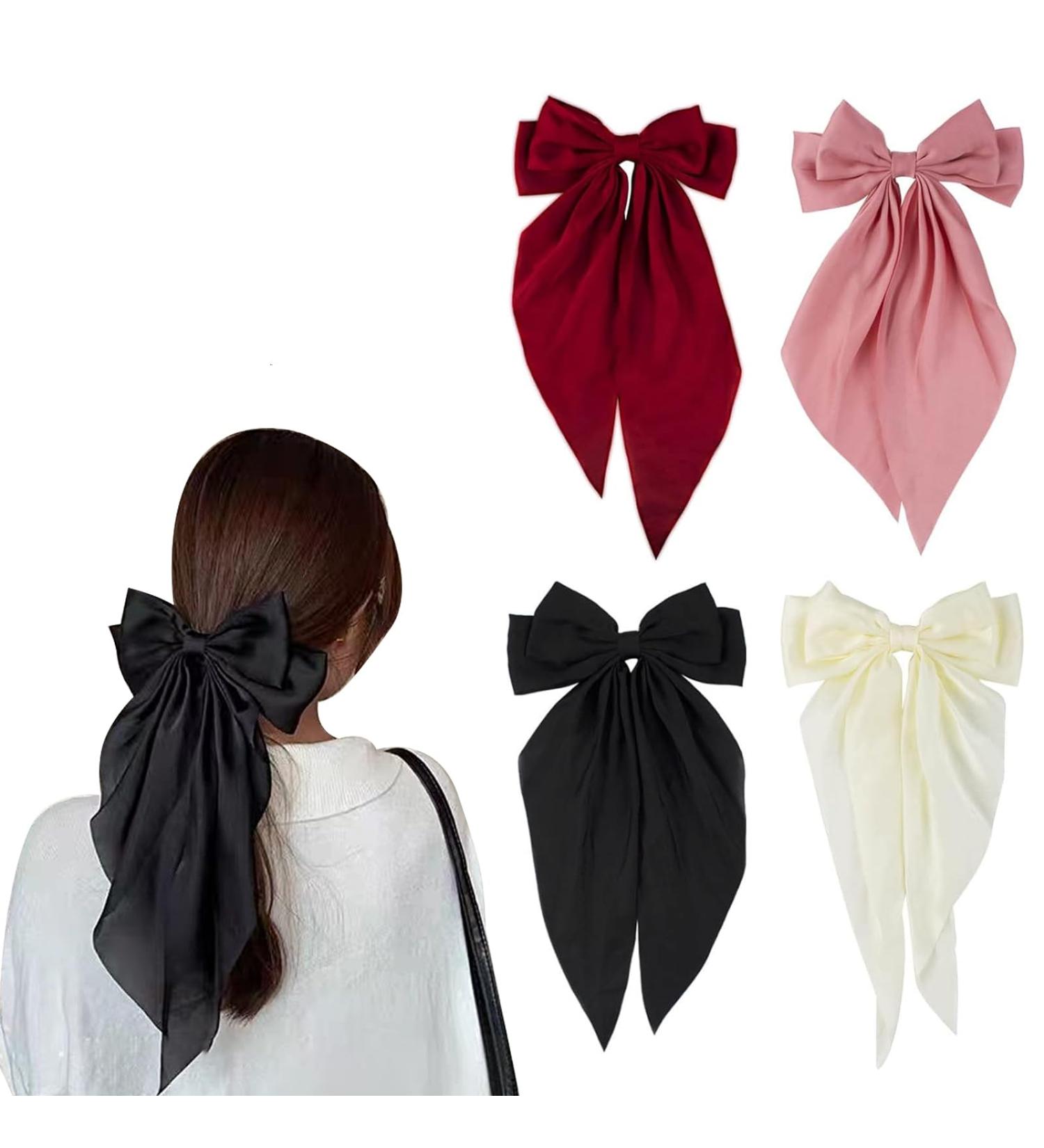 4 PCS Silky Satin Big Hair Bow Clips Barrettes with Long Tail French Hair Ribbon Bows with Long Silky Bows Hair Clips for Girls Women Adult Teens Hair Accessories - Buy Online on GoSupps.com