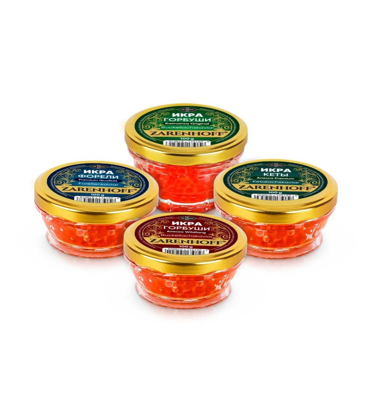 Salmon caviar set Red caviar 4 100 g - humpback salmon Gorbusha from Kamchatka and Alaska salmon caviar Keta trout caviar