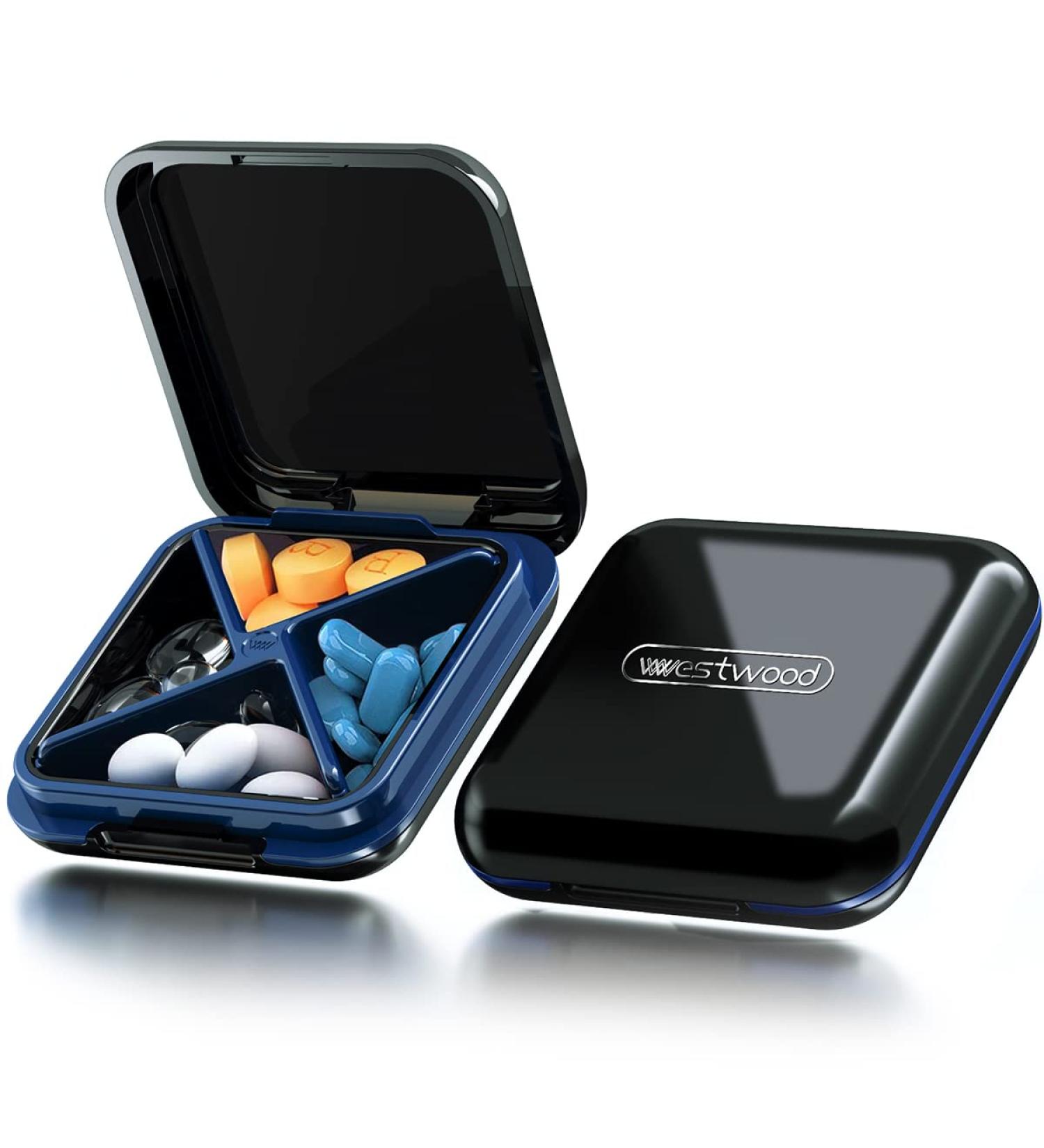 Portable Small Pill Box Organizer - 4 Compartment Travel Case for Vitamins and Medication - Waterproof and Cute Daily Pill Holder - Black - Buy Online on GoSupps.com