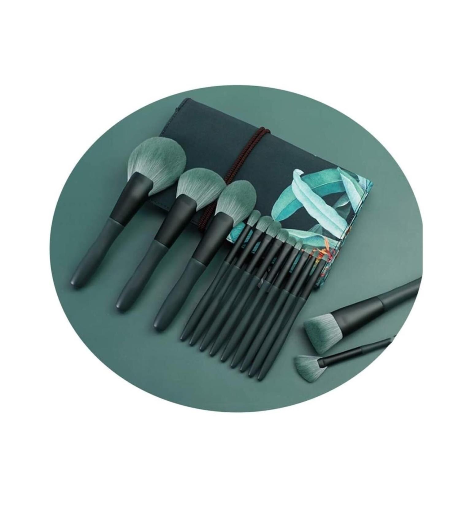 14pcs Green Makeup Brush Set - Synthetic Blending Face & Eye Brushes for Flawless Makeup | International Shipping - Buy Online on GoSupps.com