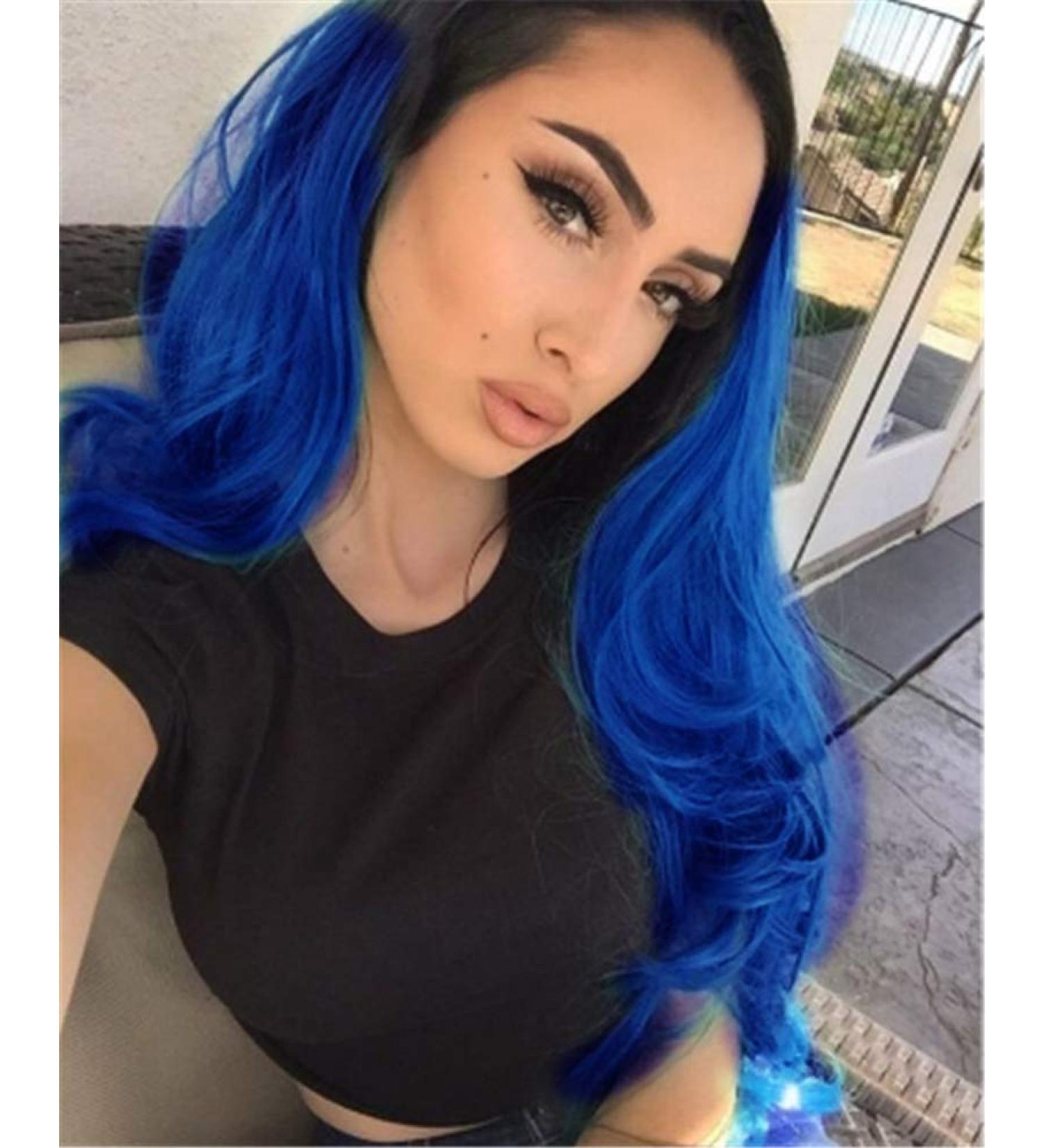 Ombre Blue Long Wavy Hair Wig for Women | Synthetic No Lace Cosplay & Halloween Costume Wig | Heat Resistant Dark Roots Blue Wig - Buy Online on GoSupps.com