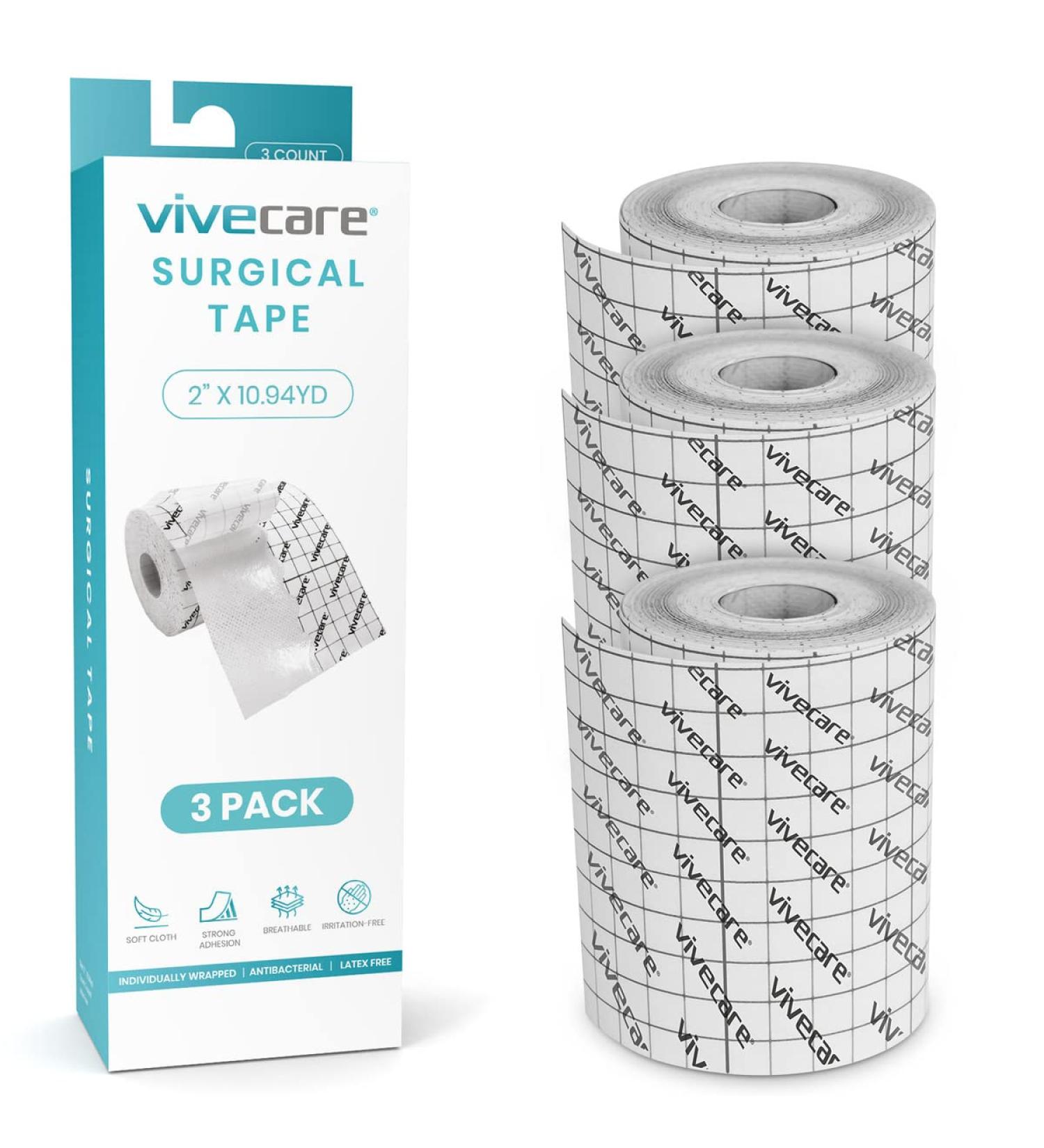 Vive Soft Cloth Surgical Tape 2 x 10 Yds (3 Rolls) - Hypoallergenic First Aid Kit Supplies for Wound Dressing - Latex-Free Medical Fabric Adhesive - Buy Online on GoSupps.com