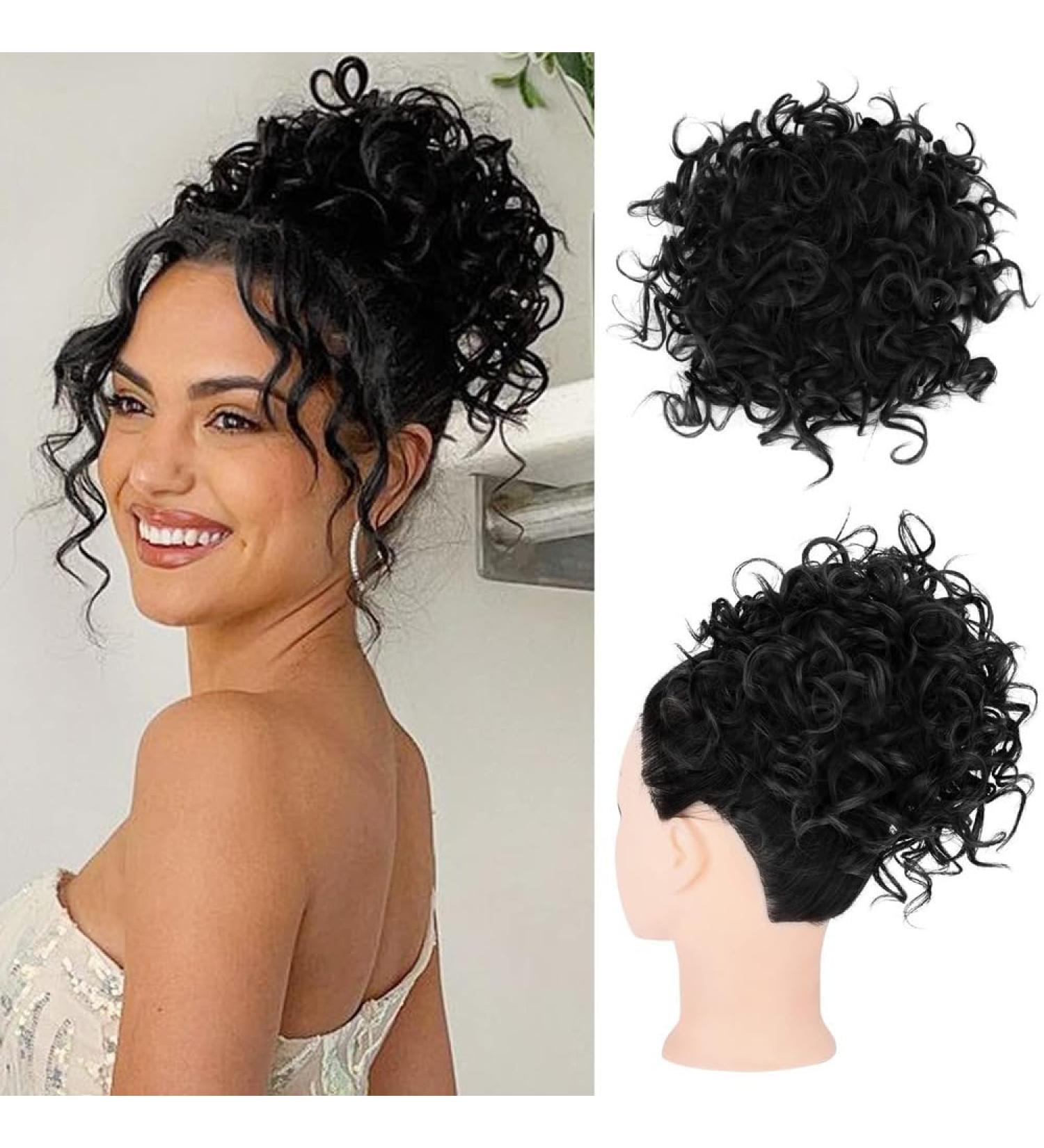 Dirty Messy Bun Short Curly Ponytail Extension | Synthetic Hair Scrunching Large Bun with Clip - Black - Buy Online on GoSupps.com