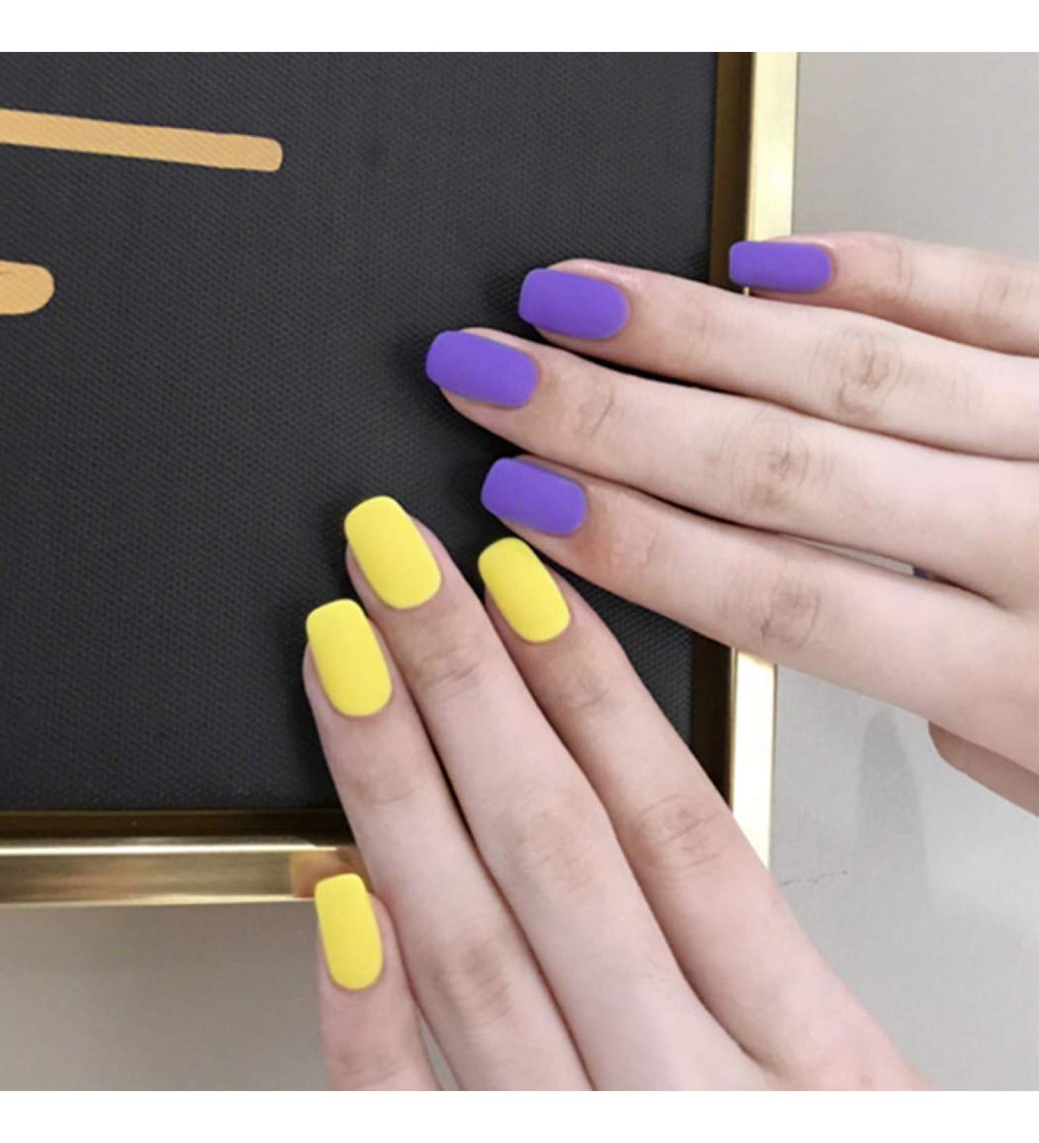 Sethain Square Press-On False Nails - Yellow & Purple Short 24 Complete Cover Tips for Women & Girls - International Shipping Available - Buy Online on GoSupps.com