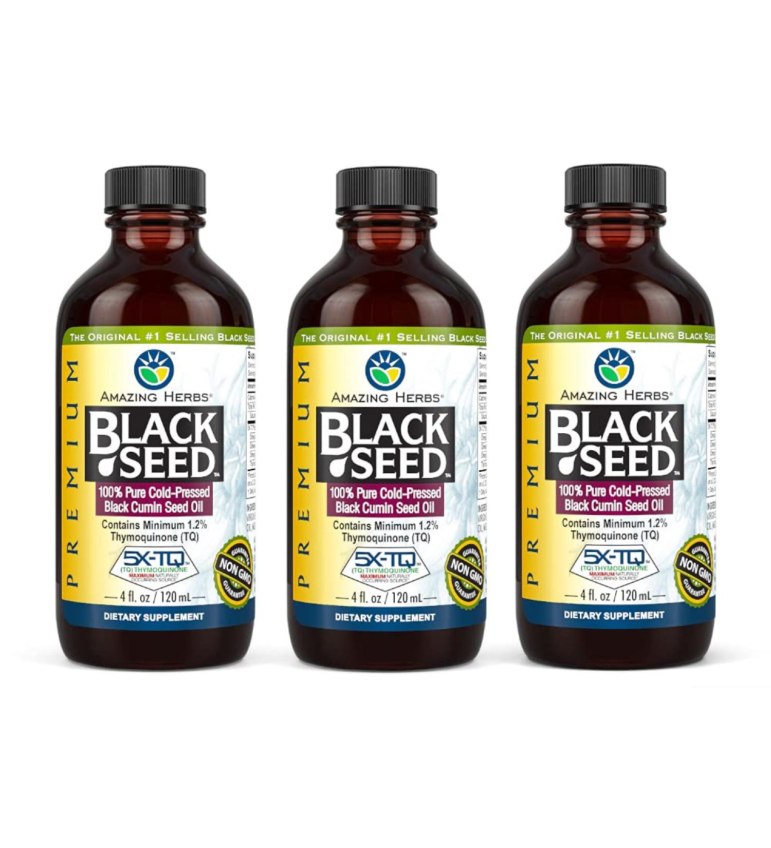 Amazing Herbs Premium Black Seed Oil - Gluten Free, Non GMO, Cold Pressed Nigella Sativa Aids in Digestive Health, Immune Support, Brain Function - 4 Fl Oz (Pack of 3)