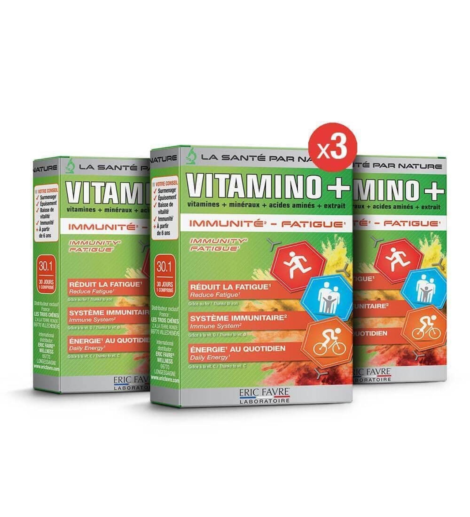 Multivitamin and Mineral Complex Vitamino+ Pack of 3 High Absorption Vitamins A B C D3 E Minerals Amino Acids Zinc Immunity Fatigue 90J Program French Laboratory Eric Favre - Buy Online on GoSupps.com
