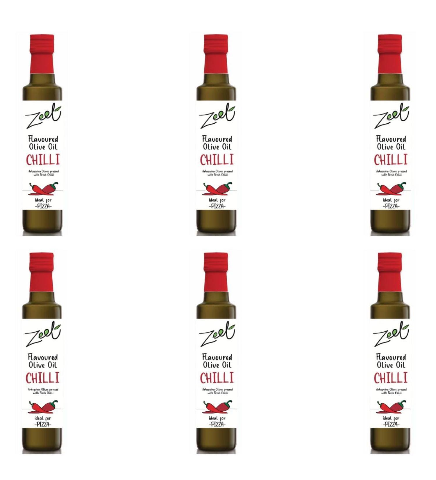 ZEET - Chilli Flavoured Extra Virgin Olive Oil - Arbequina Olives Pressed with Fresh Chilli Pepper - Pure Aromatic Oil with No Preservatives and No Additives - 6 x 250ml Chilli Flavoured Olive Oil Pack of 6