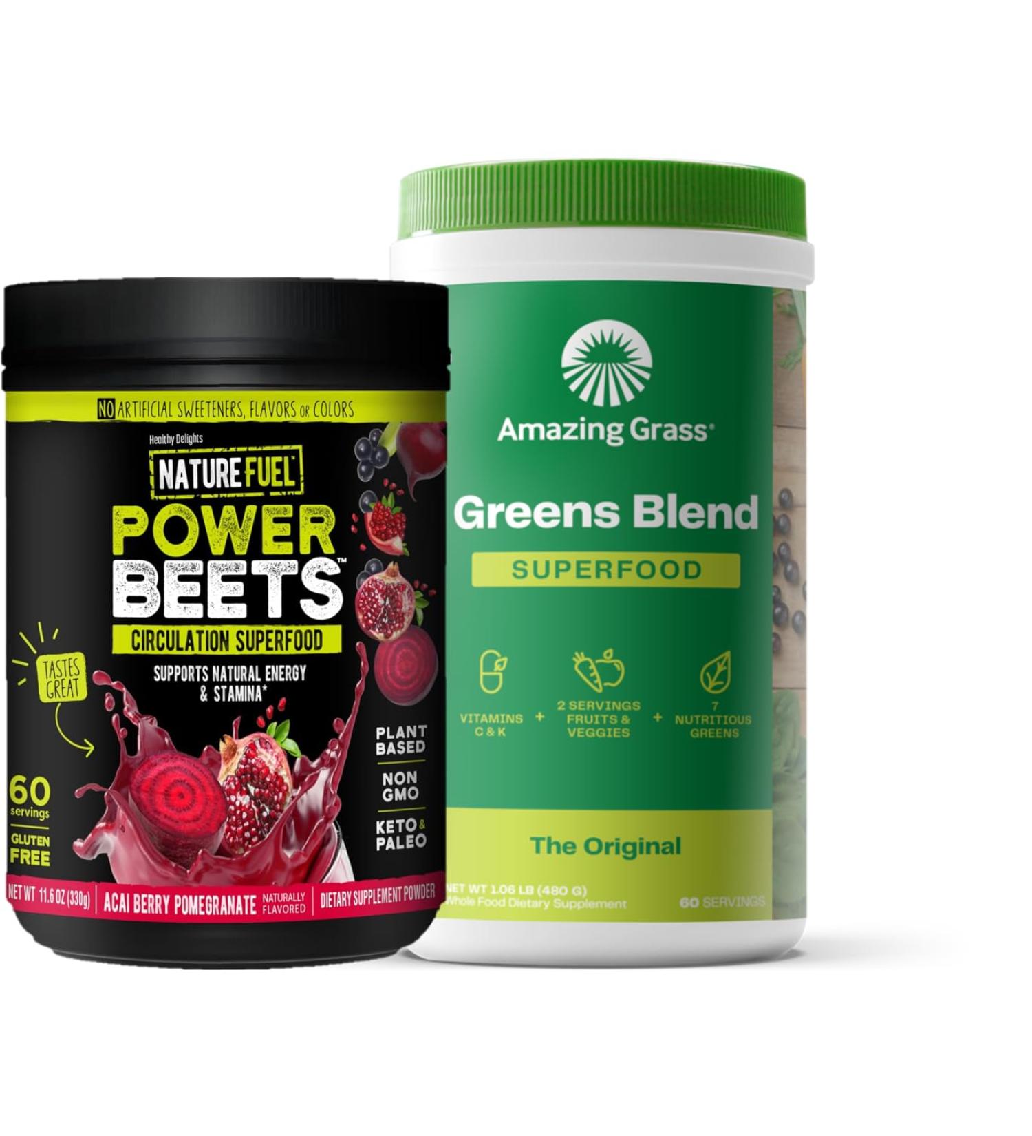 Amazing Grass Greens Blend Superfood: Super Greens Powder Smoothie Mix for Boost Energy 60 Servings & Nature Fuel Power Beets Powder Beet Root Powder Support Natural Energy 60 Servings Beets x Greens Bundle - Buy Online on GoSupps.com